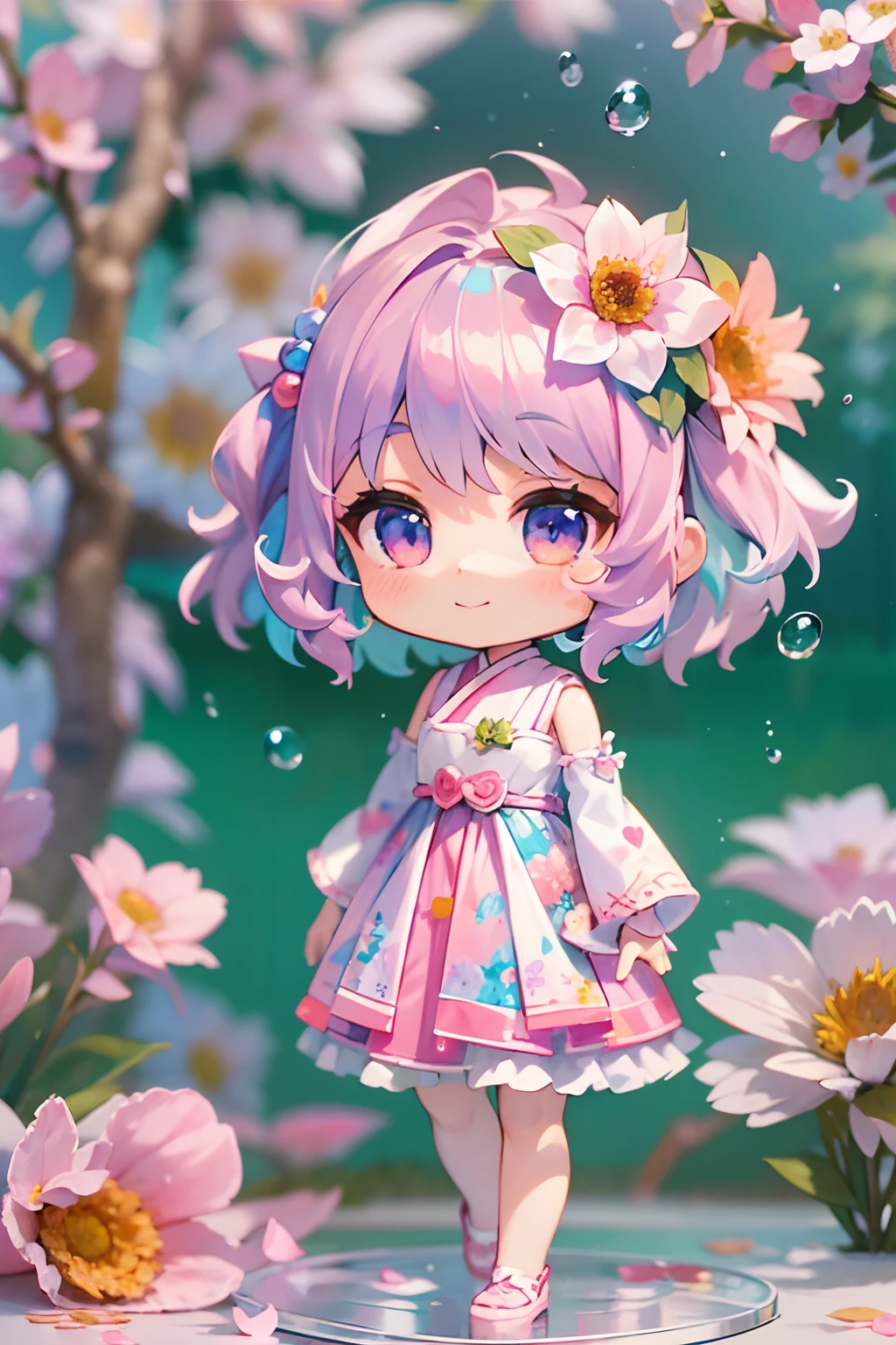 photoRealstic、Doll standing in front of the painting(nendroid)、A smile、Water droplets on the cheeks、Make a heart with both hands in a cute pose、watercolor Nendoroid、(High Definition Figure)、Flowing iridescent silk、up of face、Eye Up、Colorcon with heart pattern、Floral dress、There are also flowers in front of the nendroids、flower petals、season!!: 夏天☀ 🍂