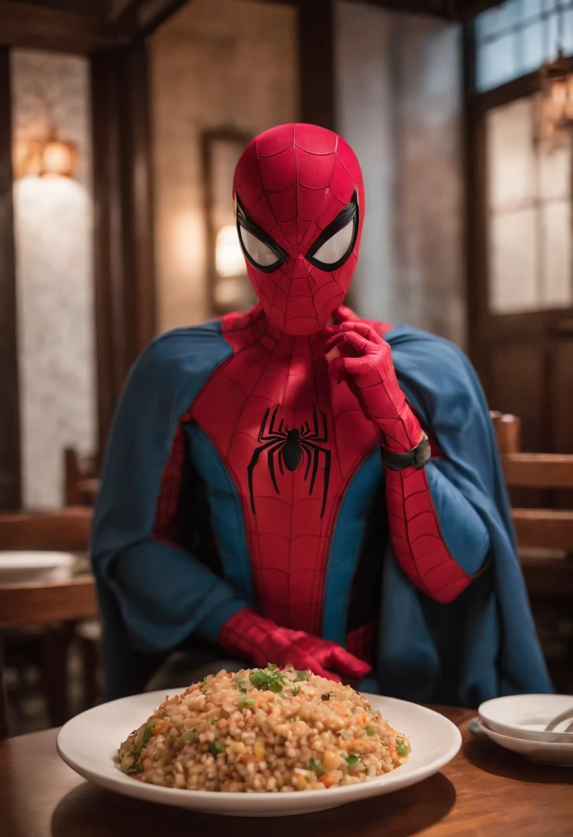 Cinematographer, ultra realista, Ropa detallada, Bellamente detallado, UHD, HDR, Altas Resoluciones, ultra detallado, Detalles intrincados, Efectos texturales, absurdos, obra maestra, 8k:1.2. En esta imagen, vemos a Spider-Man en un inusual descanso de sus actividades heroicas. He's standing in a chic Asian restaurant in his iconic costume....
Spider-Man sostiene un plato de arroz chino frito en sus manos con destreza, usando unos elegantes palillos chinos para llevar un bocado a su boca. The plate is full of fried rice, salteado. The restaurant is decorated with traditional Chinese elements, como linternas rojas colgando del techo y dragones dorados esculpidos en las paredes. The dim light of the lanterns creates a warm and welcoming atmosphere in the place.