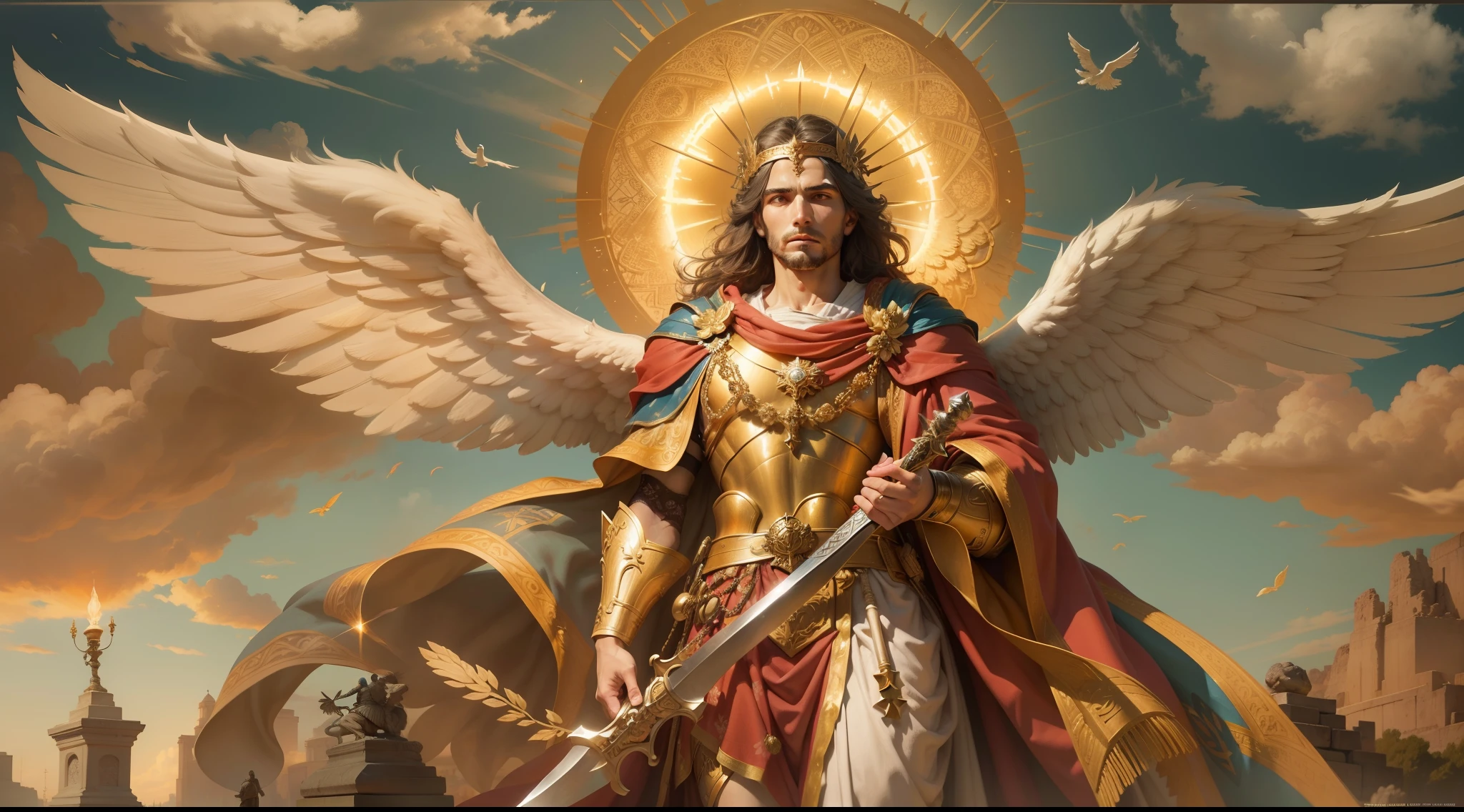 Closeup of an image a man angel with a large and long sword with attack position in right hand, in the other left hand holding a scale, Angel dressed as a Roman soldier looking at the ground, arcanjo homem com asas grandes, o anjo da fortuna, perfeito, Reslistic, Biblical setting, Biblical Paradise Setting, sol e nuvens ultras realistas, flores e velas, illuminated archangel of heaven, flores coloridas, velas acesas, roupas brancas e vermelhas