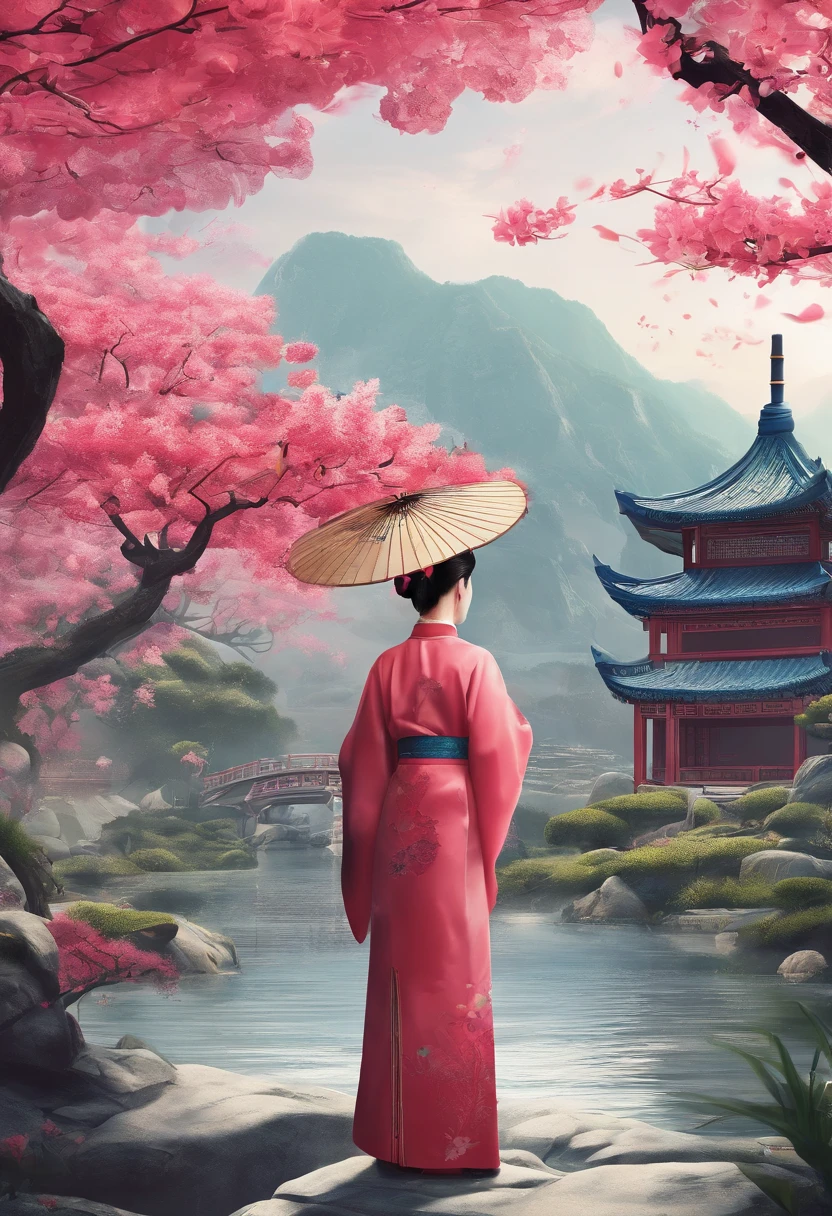 Clear and bright,Light rain,azalea,Bluestone path,Traditional Chinese gardens,A woman standing next to a Hanfu flower,Character landscape