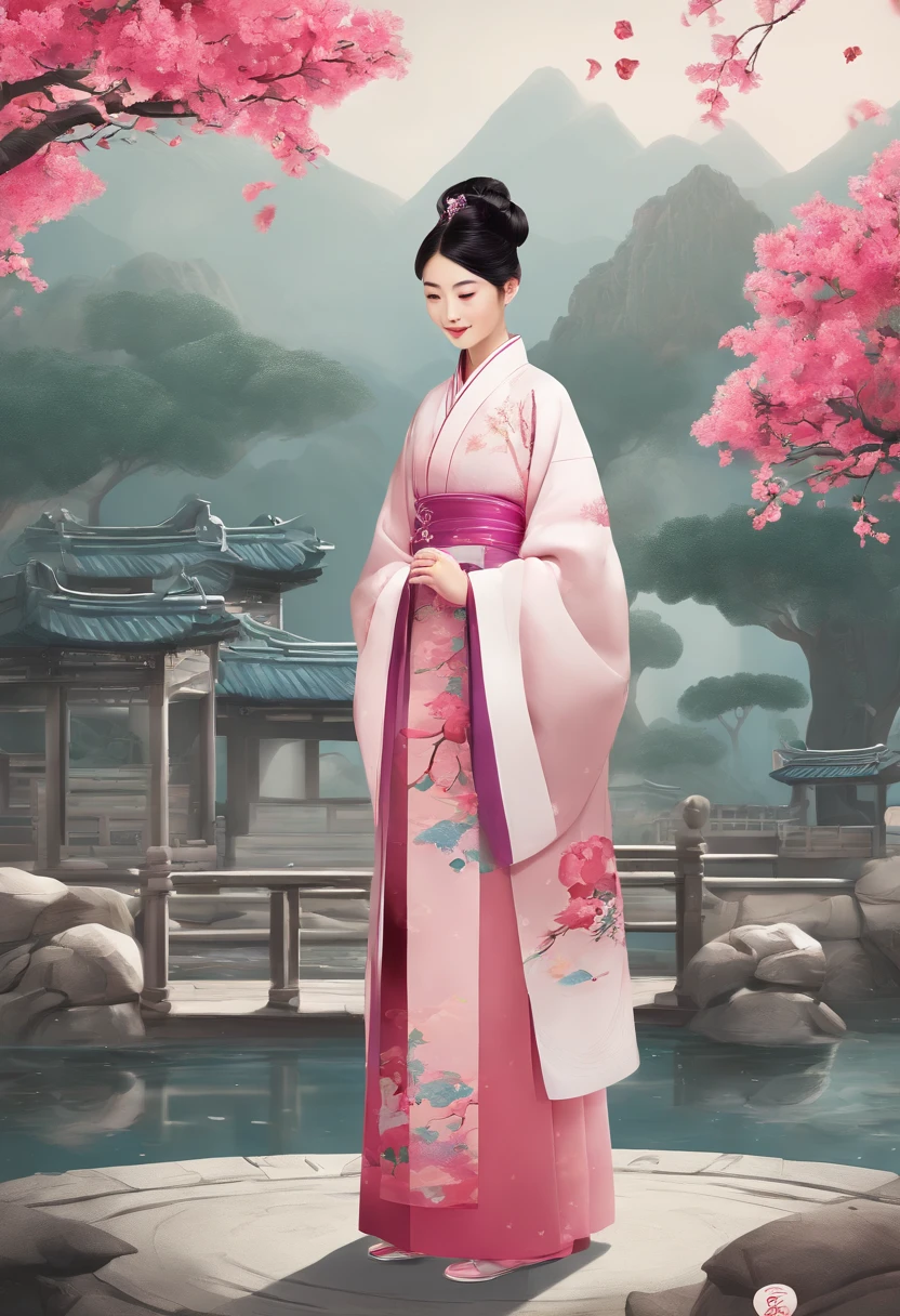 Clear and bright，Light rain，azalea，Bluestone path，Traditional Chinese gardens，A woman standing next to a Hanfu flower，Character landscape