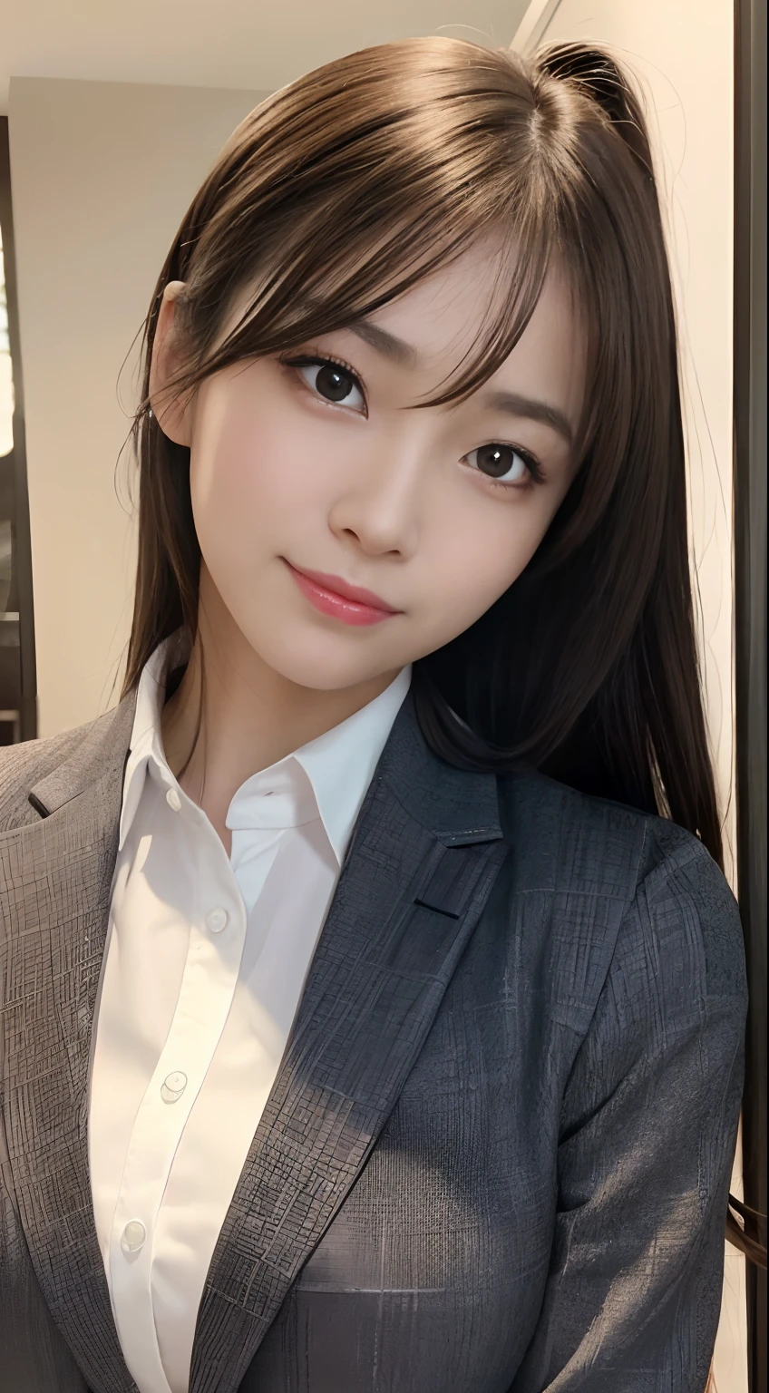 masutepiece, Best Quality, Photorealistic, Ultra-detailed, finely detail, High resolution, 8K Wallpaper, 1 beautiful woman,, light brown messy hair, in a business suit, foco nítido, Perfect dynamic composition, Beautiful detailed eyes, detailed hairs, Detailed realistic skin texture, Smiling, Close-up portrait、Model body type、small tits、very small breasts、