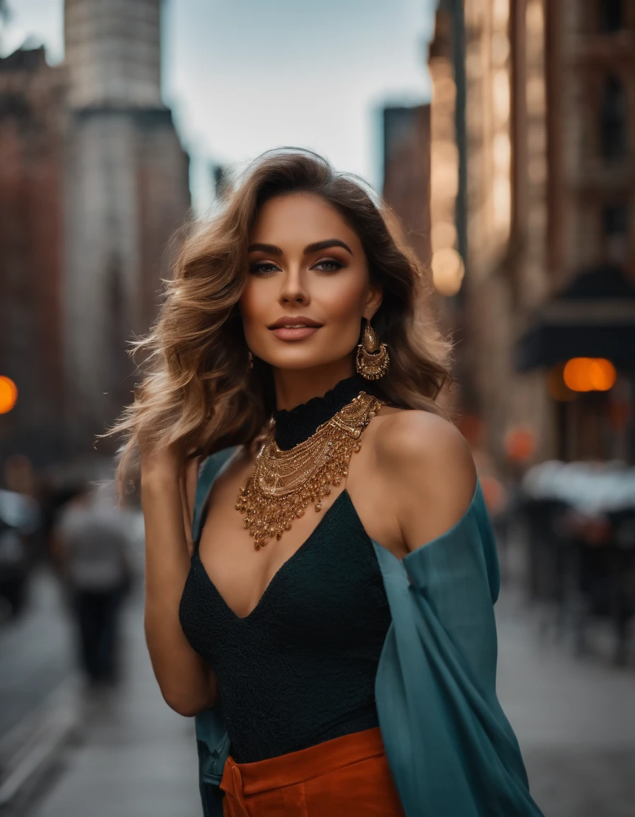 a selfie (masterpiece, best quality), beautiful woman, detailed sleeveless turtleneck, pants, necklace, wavy hair, perfect face, beautiful face, seductive, big beautiful eyes, open mouth, happy, perfect slender body , (outdoors), city streets, New York, bright colors