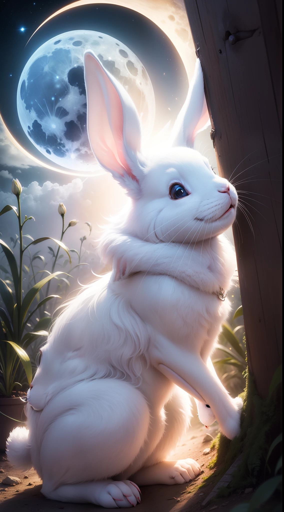 White rabbit looking up at the full moon