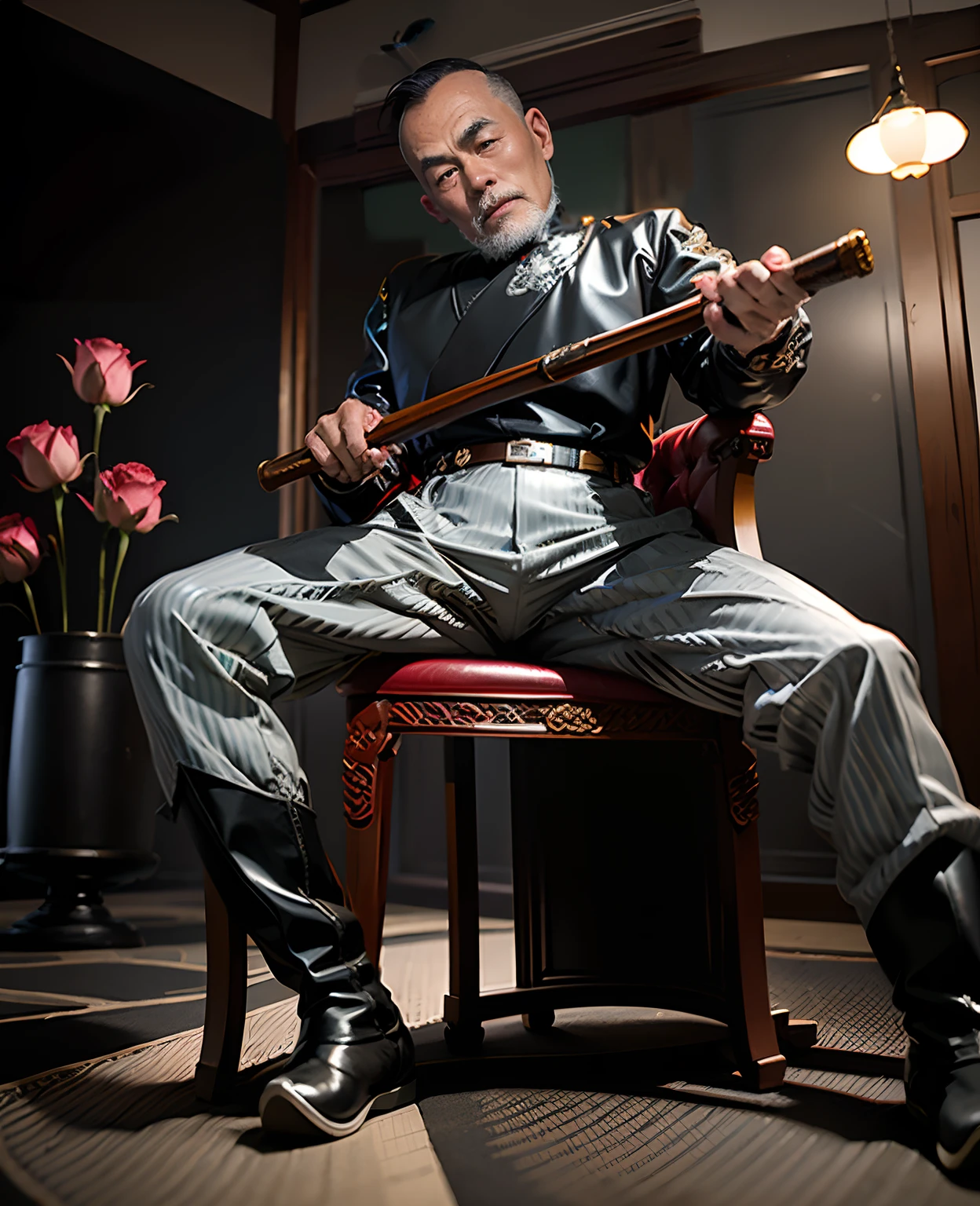 A 50-year-old middle-aged Chinese man sits in a chair, jpn, Chinese man, Black and white striped trousers, Black and white striped trousers, He wore a pair of black leather riding boots on his legs, massive boots, wearing military shoes, Wearing a black and white striped suit, Black and white striped tie, Red back, Back head, Black color hair, largeeyes, With a whip in his hand, tom of finland style, Roses on the background, Hold a leather whip with black and white stripes and cloves