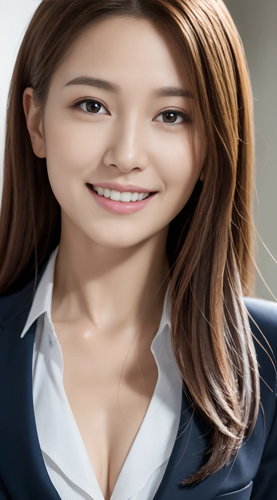 masutepiece, Best Quality, Photorealistic, Ultra-detailed, finely detail, High resolution, 8K Wallpaper, 1 beautiful woman,, light brown messy hair, in a business suit, foco nítido, Perfect dynamic composition, Beautiful detailed eyes, detailed hairs, Detailed realistic skin texture, Smiling, Close-up portrait、Model body type、small tits、Very small breasts、The upper part of the body