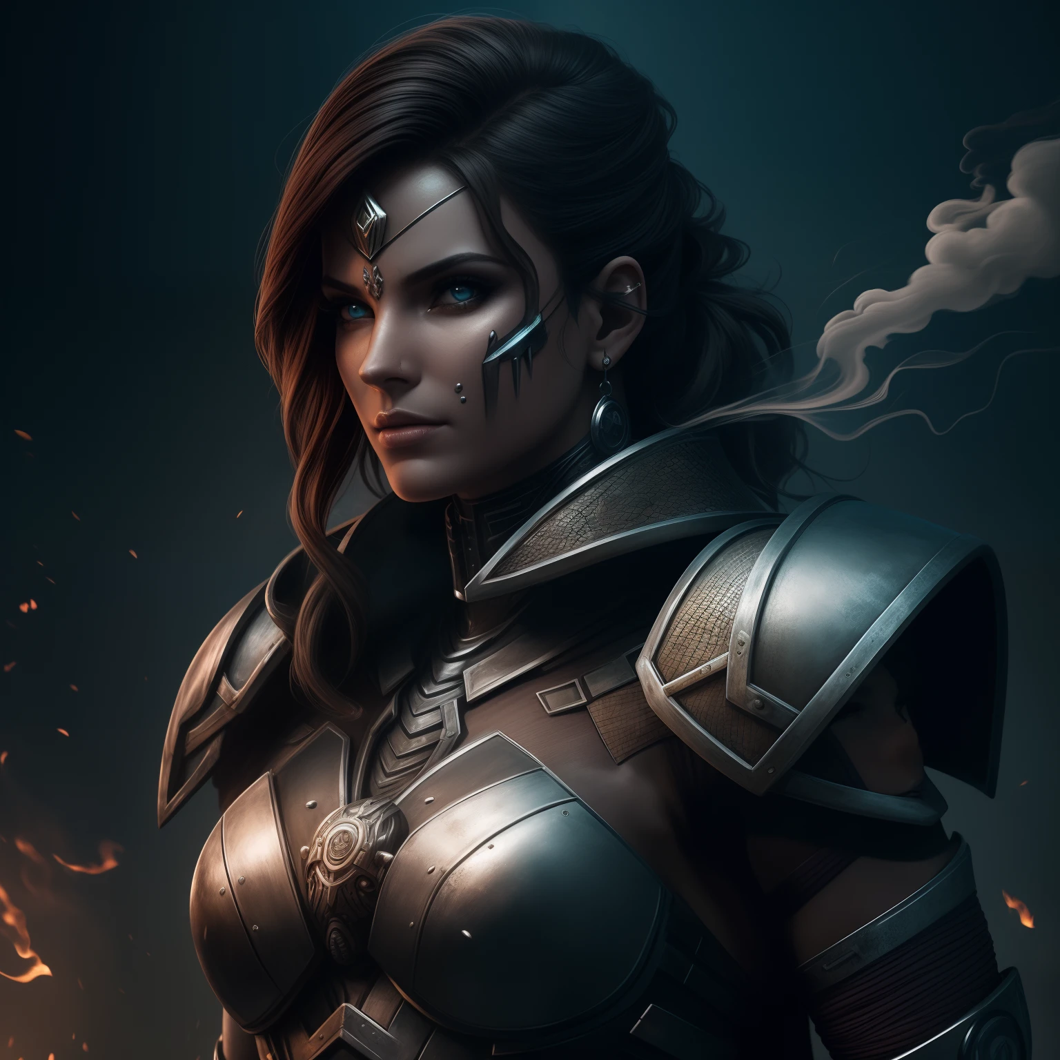 Beautiful cyborg warrior woman in rusty magic style, aumento cyberpunk, Cyber Software, ciborgue, fibras de carbono, cromar, Implantes, metal skull, Cyber Plate Armadura, (atmosfera escura:1.2), (nevoeiro & smoke billowing), (It's dark night:1.3), As cicatrizes, (medium length shaggy dark hair:1.1), (sombras para os olhos:1.1), (brilho lindamente detalhado:1.2), (Cinematic lighting), detalhes intrincados, A high resolution, olhos arredondados, detailed facial features, foco nítido, liso, aesthetic, Fundo escuro detalhado da planta industrial, pose estilosa, dynamicposes, (dramapaint)