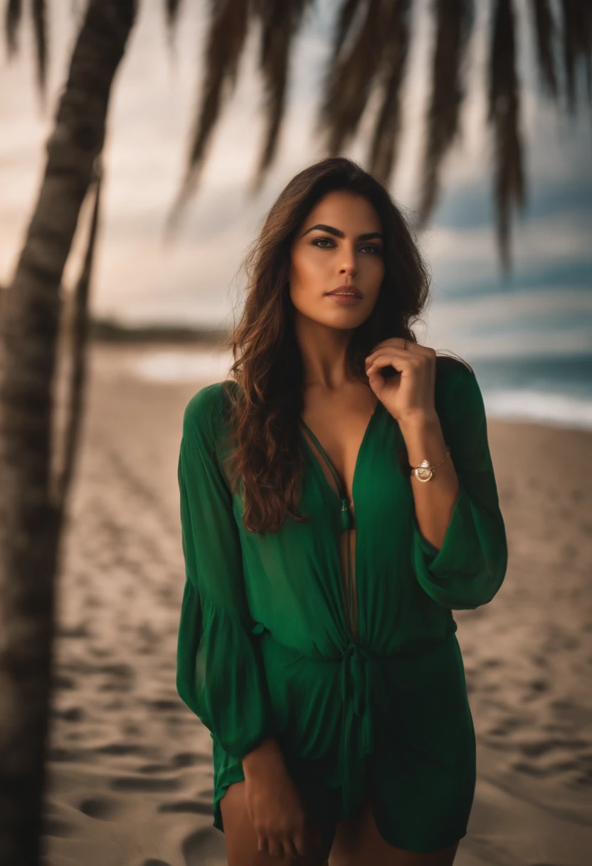 Portrait of a sexy latina girl, brunette with green eyes. Enviroment beach