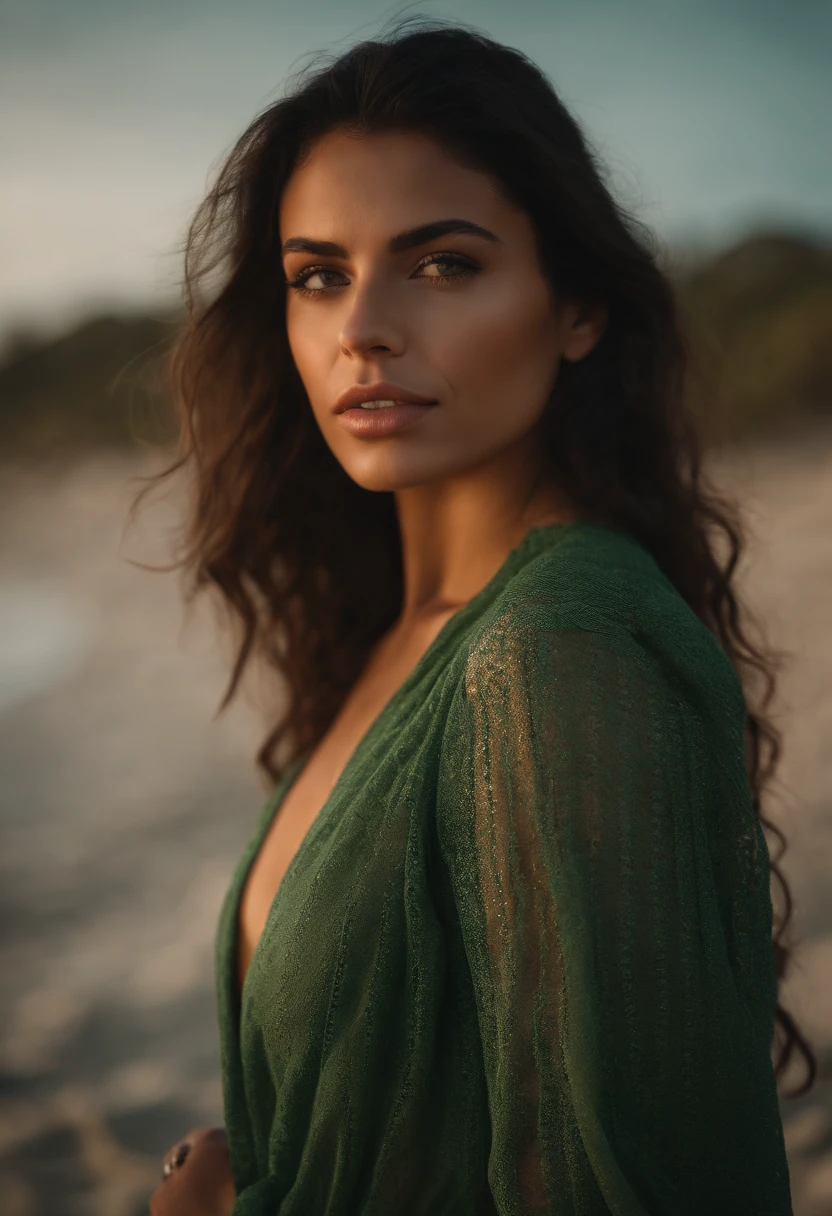 Portrait of a sexy latina girl, brunette with green eyes. Enviroment beach