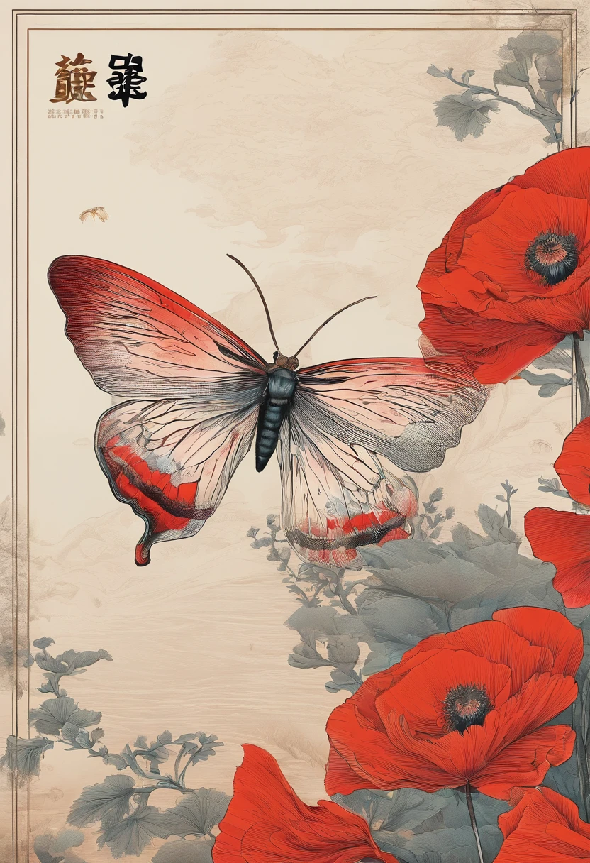 Xiaoman，Traditional Chinese solar terms，(((Poppy flower)))，National style，Ink wind，solid color backdrop，(((Silkworm moth)))，Landscape view，Ink wind