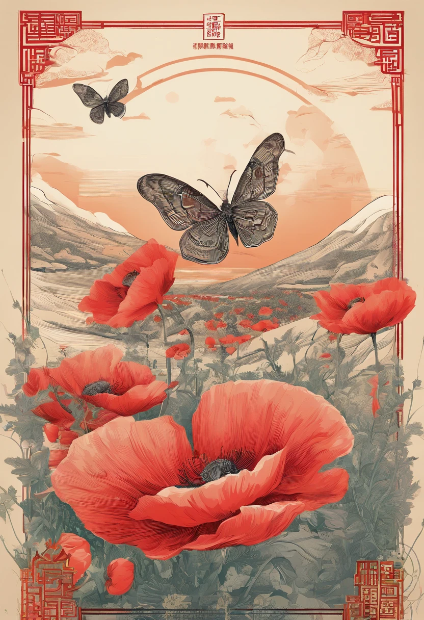 Xiaoman，Traditional Chinese solar terms，(((Poppy flower)))，National style，Ink wind，solid color backdrop，(((Silkworm moth)))，Landscape view，Ink wind