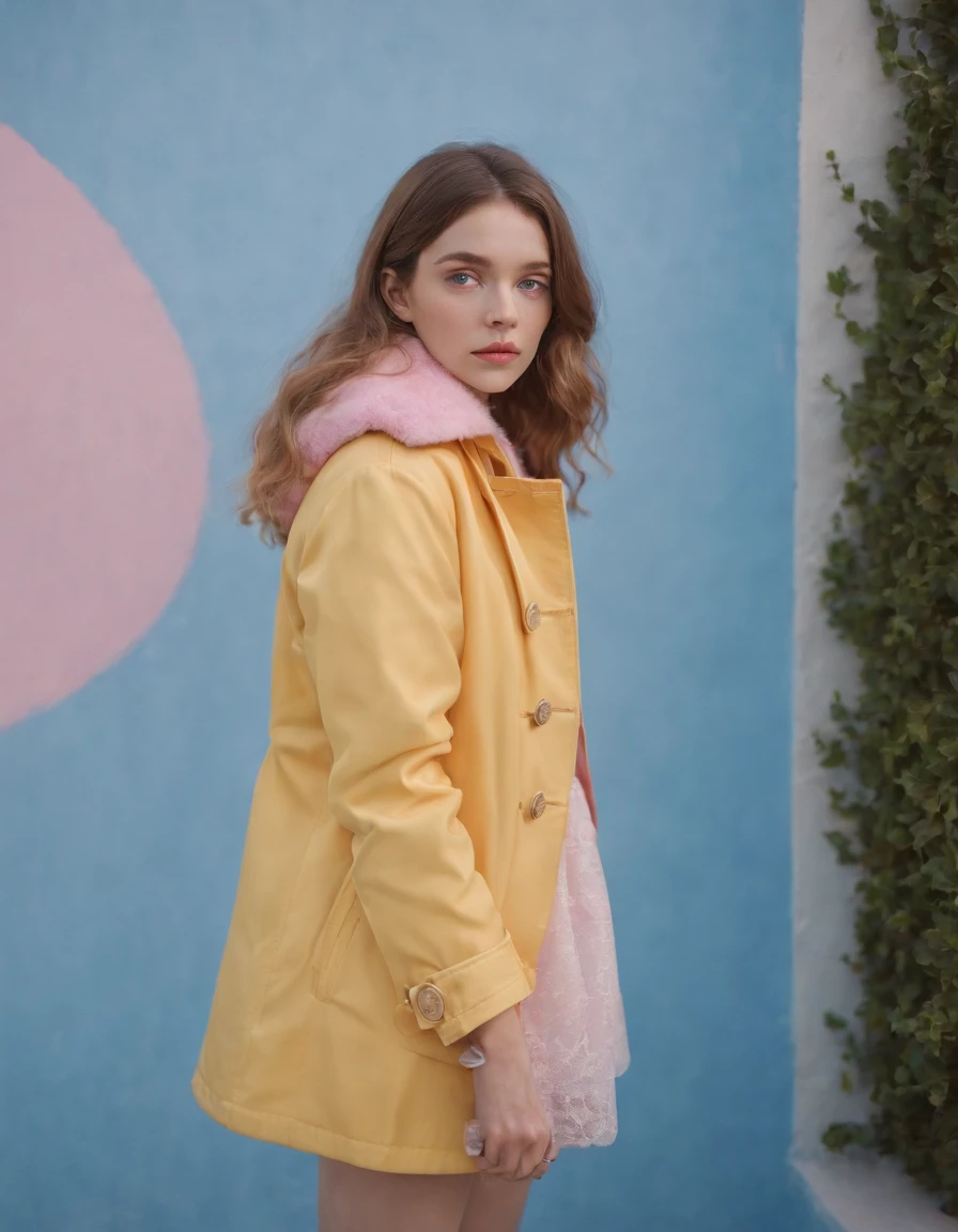 a young female wearing yellow and pink coats in front of blue wall, in the style of heatwave, transparent/translucent medium, contemporary vintage photography, lowbrow, poolcore, associated press photo, feminine body
