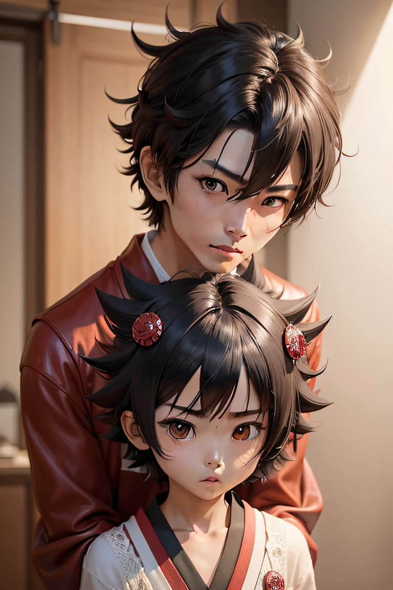 Generating a spiky-haired Japanese child, com oculos, extremamente carismatica e fofa com olhos marrons e capa de super heroi