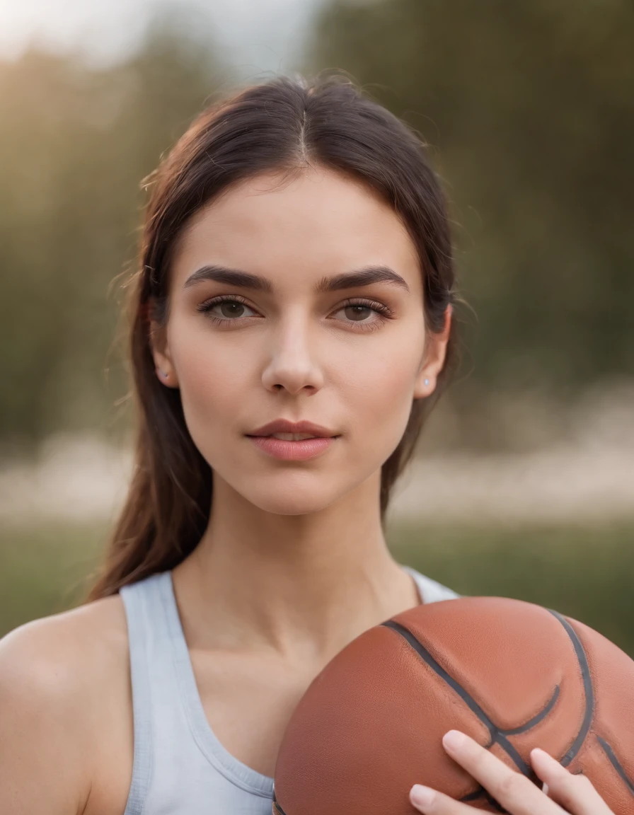 Woman with basketball, Surrounded by a hoverball, bust,avatar close up,Pastel colors of purple and orange, high-quality photo, Nikon D850, 50 mm f/1.8