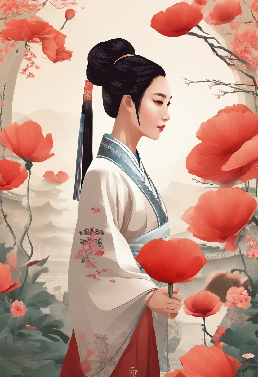 Xiaoman,Poppy flower,Poppy flower,Traditional Chinese garden,A woman standing next to a flower in Hanfu,Character landscape
