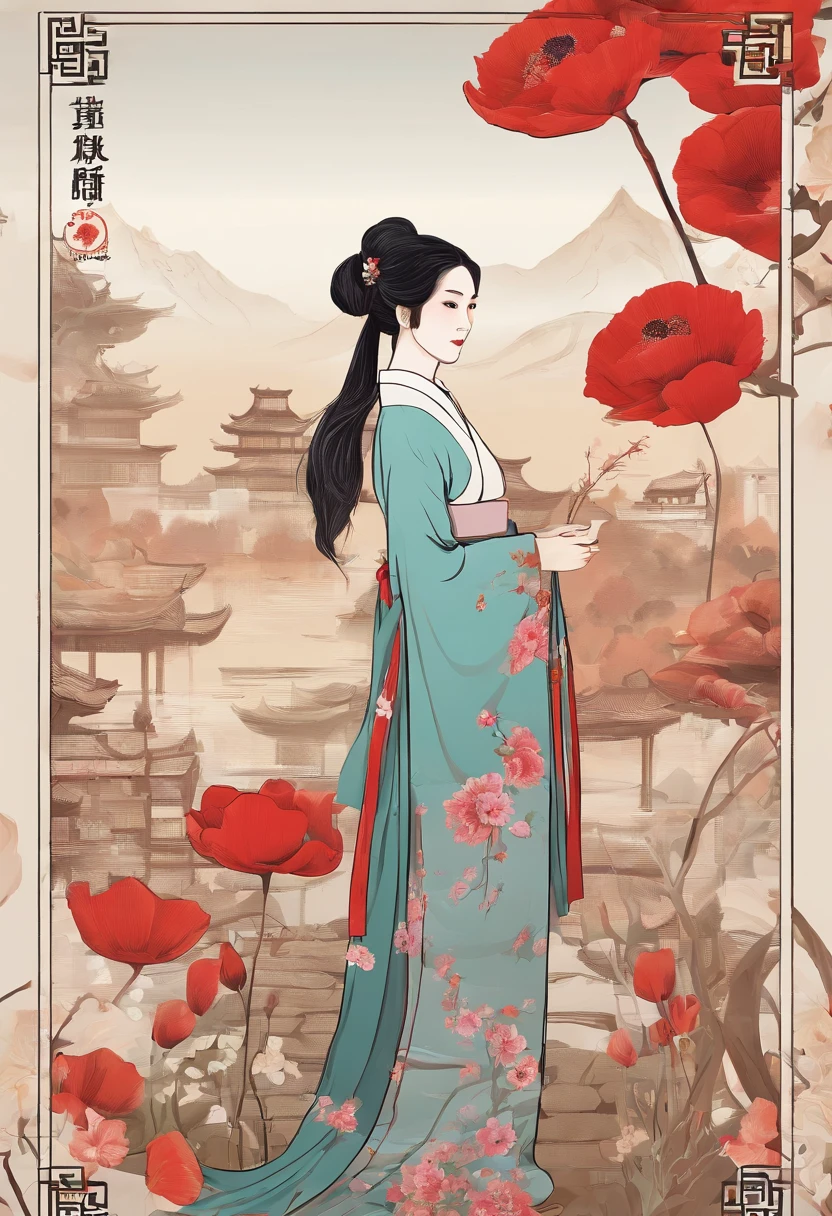 Xiaoman，Poppy flower，Poppy flower，Traditional Chinese garden，A woman standing next to a flower in Hanfu，Character landscape