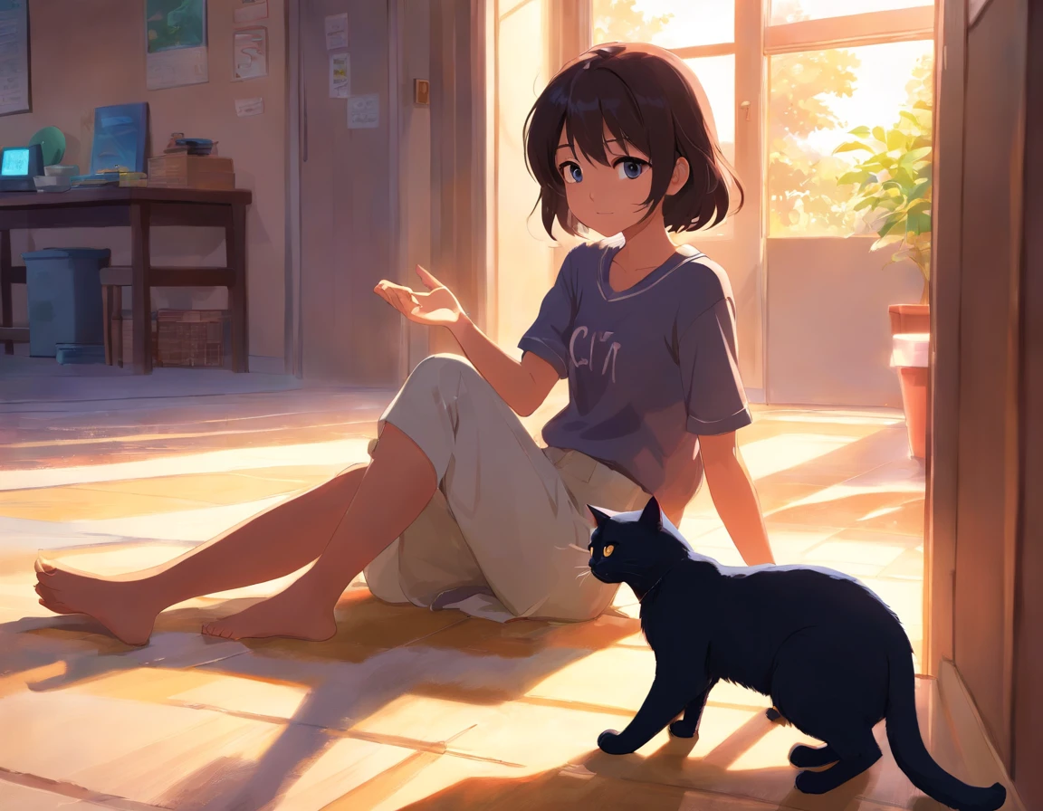 Girl playing with cat、Realistic people、Black cat、Natural light