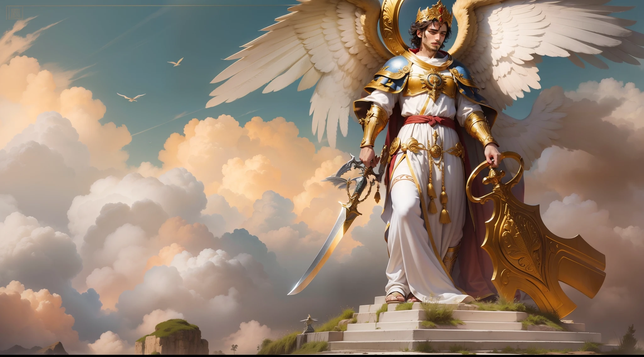 Closeup of an image a man angel with a large and long sword with attack position in right hand, in the other left hand holding a scale, Angel dressed as a Roman soldier looking at the ground, arcanjo homem com asas grandes, o anjo da fortuna, perfeito, Reslistic, Biblical setting, Biblical Paradise Setting, sol e nuvens ultras realistas, flores e velas, illuminated archangel of heaven, flores coloridas, velas acesas, roupas brancas e vermelhas