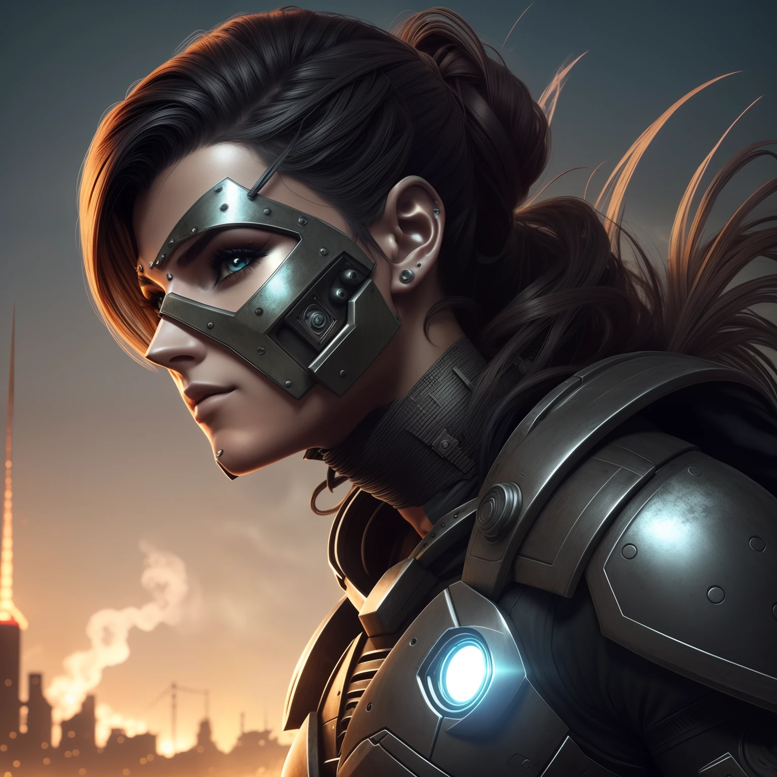 Beautiful cyborg warrior woman in rusty magic style, aumento cyberpunk, Cyber Software, ciborgue, fibras de carbono, cromar, Implantes, metal skull, Cyber Plate Armadura, (atmosfera escura:1.2), (nevoeiro & smoke billowing), (It's dark night:1.3), As cicatrizes, (medium length shaggy dark hair:1.1), (sombras para os olhos:1.1), (brilho lindamente detalhado:1.2), (Cinematic lighting), detalhes intrincados, A high resolution, olhos arredondados, detailed facial features, foco nítido, liso, aesthetic, Fundo escuro detalhado da planta industrial, pose estilosa, dynamicposes, (dramapaint)