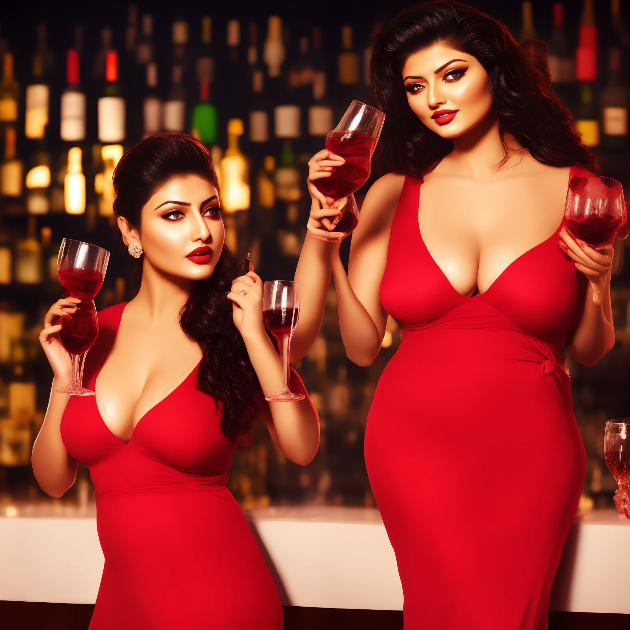 Indian curvy plus size bar woman Urvashi Rautela , water wet single piece night gown ,huge wet boobs visible, water body, red lipstick, watery wet hairs, deep cleavage, wet thick thighs visible ,wet ass visible, standing in bar, serving wine , close up.