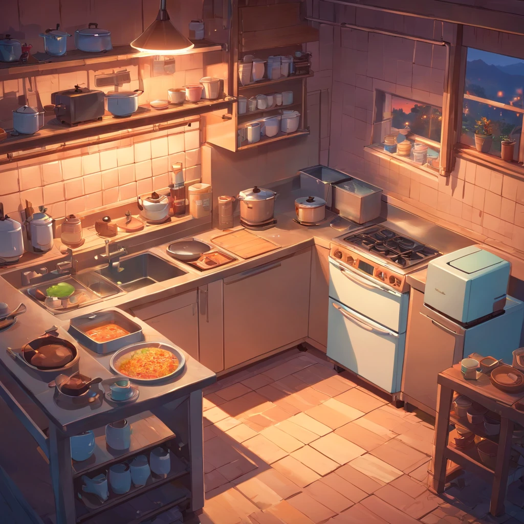 Isometric rendering of game art in the kitchen of a horror village house at dusk,rice cooker,Refrigerator,microwave oven,cranny,Cabinet gaps