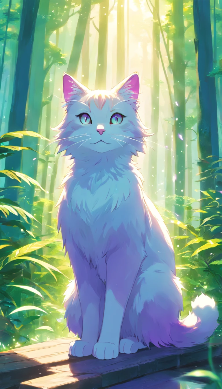 Bright and capricious symmetrical cat in magic, The Avatar-Inspired Forest、It shines with an ethereal light of shades of blue, Purple, Pink, and green. Cats are beautiful, Illuminated with white ornate fur pattern and soft, Dreamy volumetric lighting. Ultra-realistic yet threat-free and beautiful.