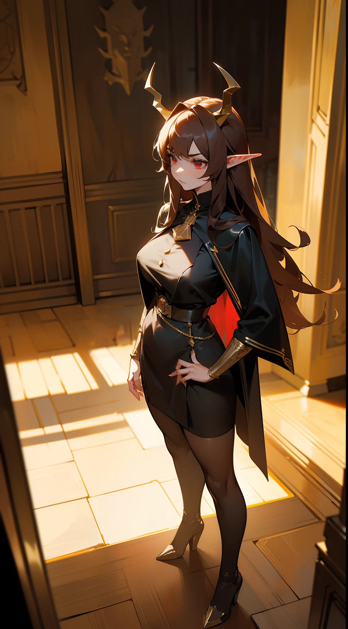1woman,40 years,madure woman,solo,angry face,golden and black short dress,medium tits,dark hair,long hair,red eyes,elves ears,golden horns,pantyhose,cape,(((standing in front of a room inside a castle)))