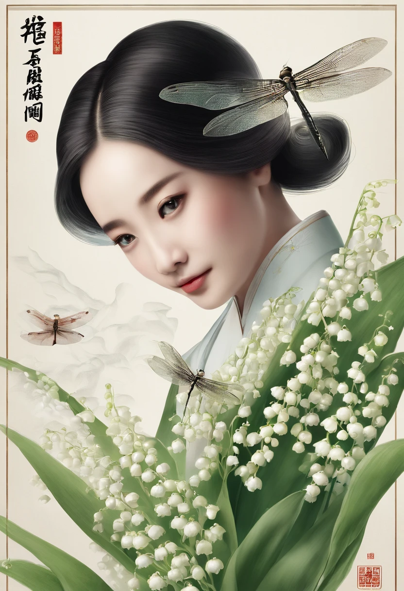 Lixia,Traditional Chinese solar terms,(((Lily of the valley))),National style,Ink wind,solid color backdrop,(((dragonfly))),waterface,Landscape view,Ink wind