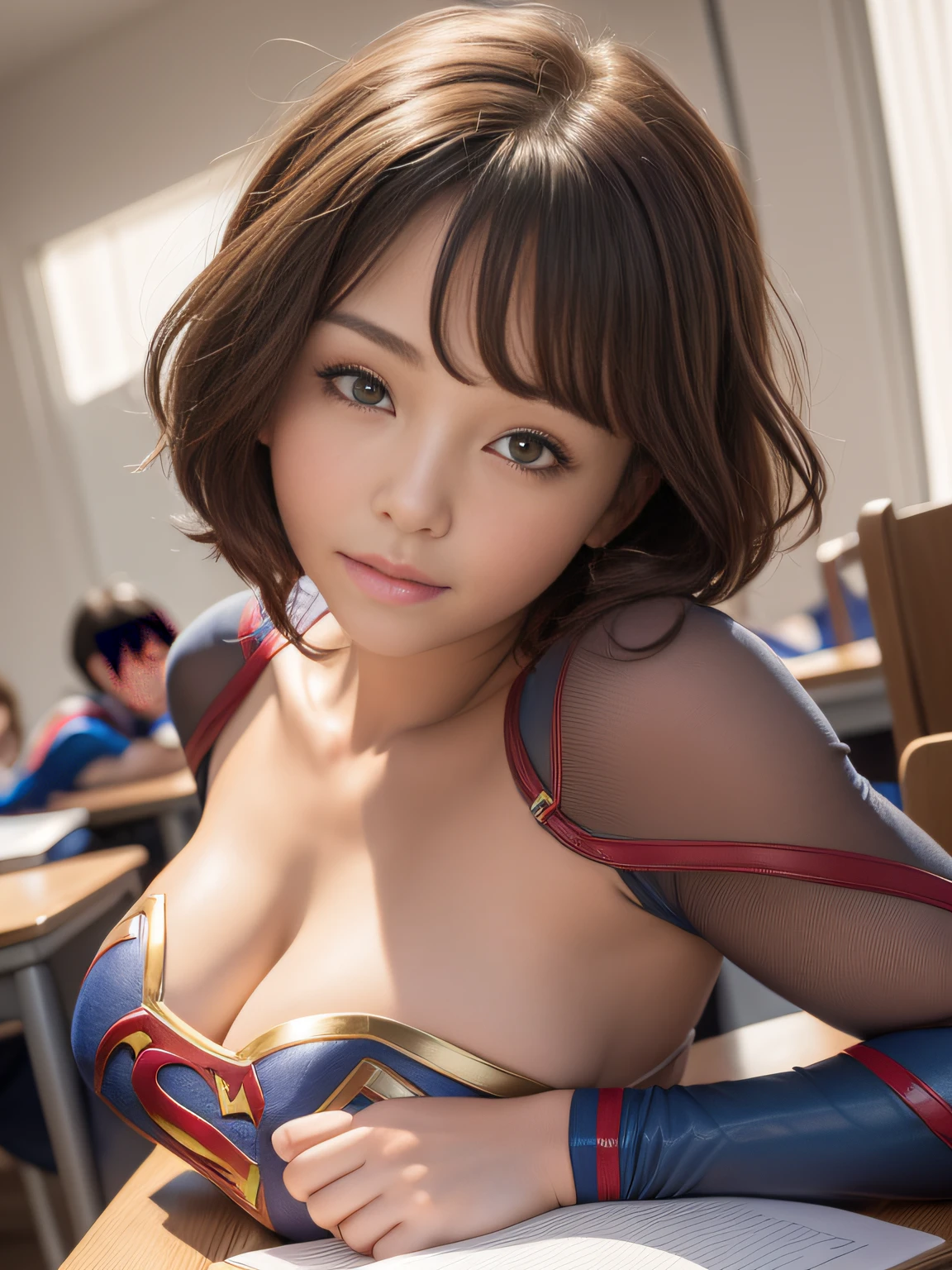 masterpiece、Short-haired Supergirl lying on her back at school desk、large full breasts、Looking at the camera、Glossy costume、s ass