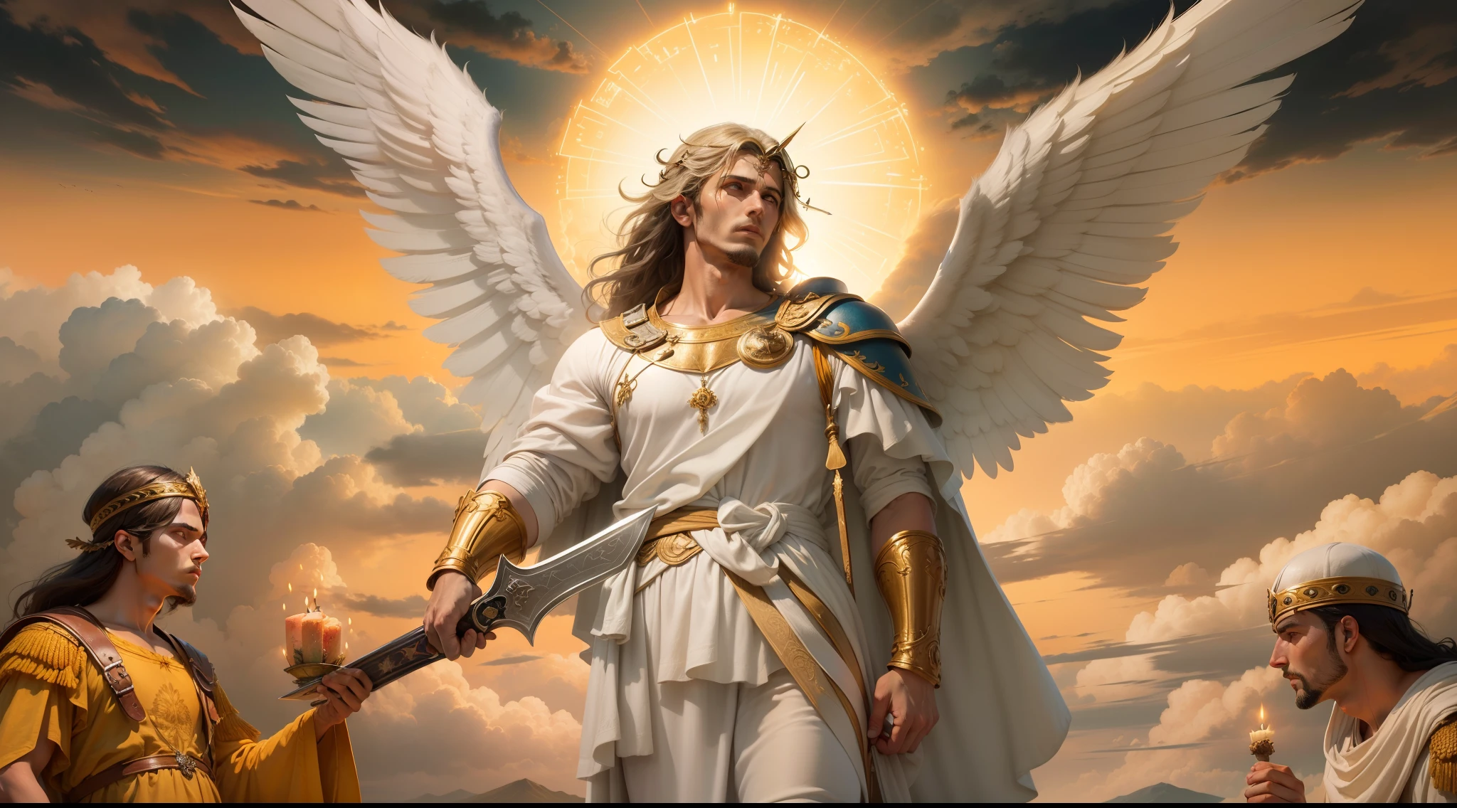 Closeup of an image a man angel with a large and long sword with attack position in right hand, in the other left hand holding a scale, Angel dressed as a Roman soldier looking at the ground, arcanjo homem com asas grandes, o anjo da fortuna, perfeito, Reslistic, Biblical setting, Biblical Paradise Setting, sol e nuvens ultras realistas, flores e velas, illuminated archangel of heaven, flores coloridas, velas acesas, roupas brancas e vermelhas