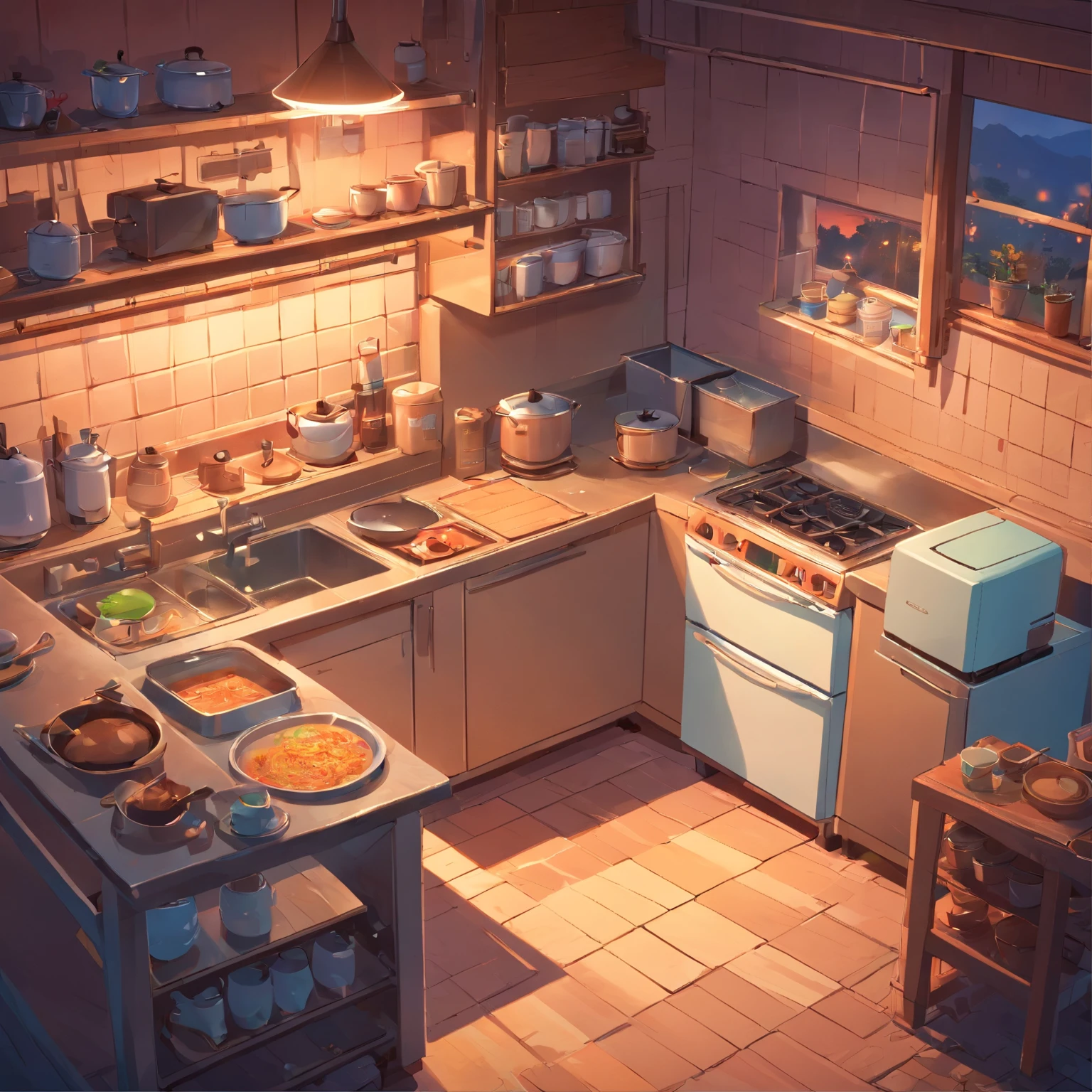 Isometric rendering of game art in the kitchen of a horror village house at dusk,rice cooker，Refrigerator，microwave oven，cranny，Cabinet gaps