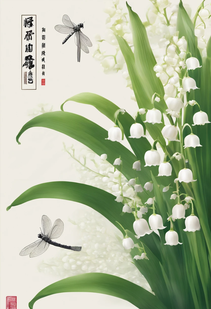 Lixia,Traditional Chinese solar terms,(((Lily of the valley))),National style,Ink wind,solid color backdrop,(((dragonfly))),waterface,Landscape view,Ink wind,solid color backdrop