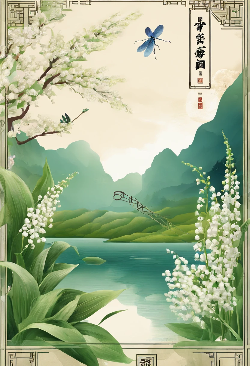 Lixia,Traditional Chinese solar terms,(((Lily of the valley))),National style,Ink wind,solid color backdrop,(((dragonfly))),waterface,Landscape view,Ink wind,solid color backdrop