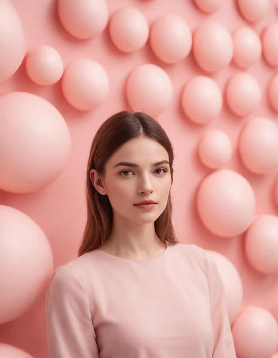 young woman standing against group of divided spheres, pale pink background, high quality photography, full shot
