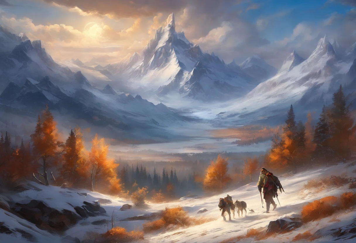 (a huge snow-covered mountain with a)massive (and detailed) refuge [struggling, battling, surviving] in (the midst of) the (harsh and relentless) snowy (and freezing) wind,(best quality),ultra-detailed,(realistic:1.37),HDR,UHD,studio lighting,(highres),(masterpiece:1.2),(vivid, contrasting colors),(shadow,play,highlighting the ruggedness and texture of the mountain),(icy blue tones),(subtle, yet dramatic, lighting effects), [icy cliffs], [glistening snow], [frost-covered trees], [snowflakes dancing in the wind], (a group of determined explorers) [braving the treacherous conditions], (their faces covered with frost), (their breath visible in the icy air), (each step a struggle against the powerful gusts), [snow-capped peaks in the distance], [majestic, untouched wilderness], [whispering silence], (creating a sense of awe and isolation), [the sound of howling wind], (exuding a sense of danger and threat),(the refuge)(standing tall amidst the harsh elements to provide shelter and hope), (weathered and worn, but sturdy), [smoke rising from the chimney], (a flickering fire inside bringing warmth),(survival gear and supplies scattered around),(footprints leading to the entrance), (portraying the resilience and determination of those seeking refuge),(brave, fearless climbers),(thick winter jackets and gloves), (gripping tightly to their equipment), (faces marked with determination),(showcasing the human spirit and courage),(the sun, barely visible through the clouds, casting a faint golden glow on the mountain),(a touch of warmth against the cold backdrop),(creating a sense of contrast and hope), (a reminder that even in the harshest of conditions, beauty and resilience can coexist),(blending the raw power of nature with the indomitable human spirit).