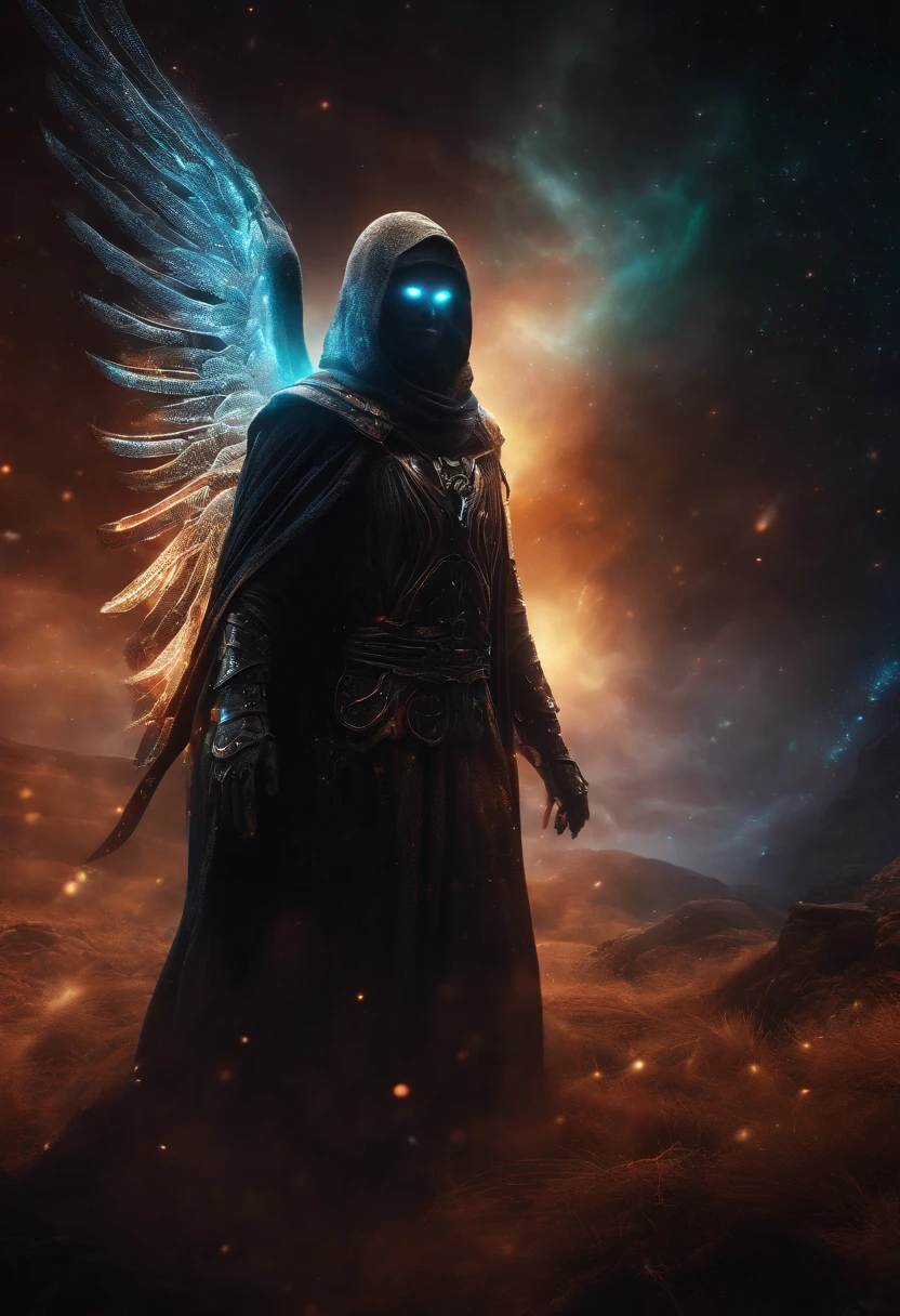 Cosmic Fallen Angel, glowing light eyes, Biomechanical, eerie, Creepy, nightmarish, Very bright colors, Light particles, with light glowing, Mshiv, wallpaper art, UHD wallpaper, Anakyr Skywalker,  years, Medieval clothes