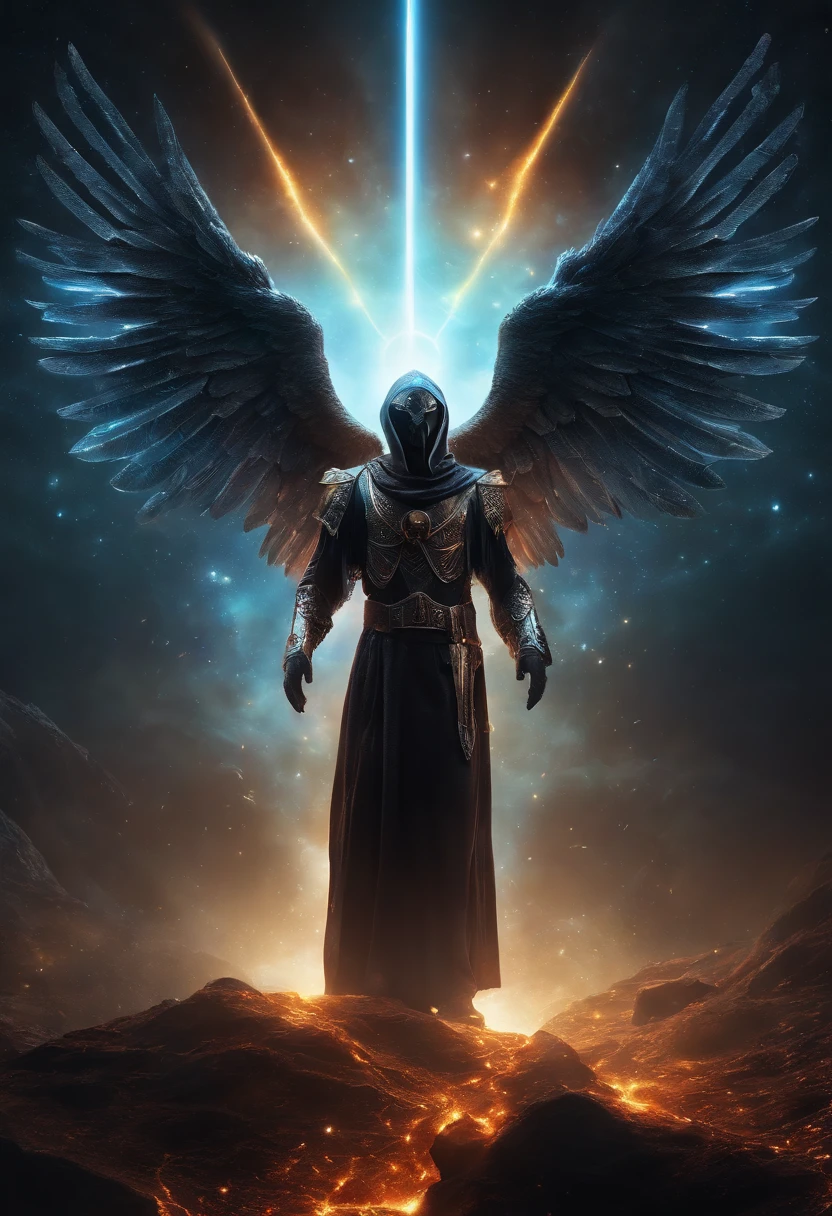 Cosmic Fallen Angel, glowing light eyes, Biomechanical, eerie, Creepy, nightmarish, Very bright colors, Light particles, with light glowing, Mshiv, wallpaper art, UHD wallpaper, Anakyr Skywalker, 15 years, Medieval clothes