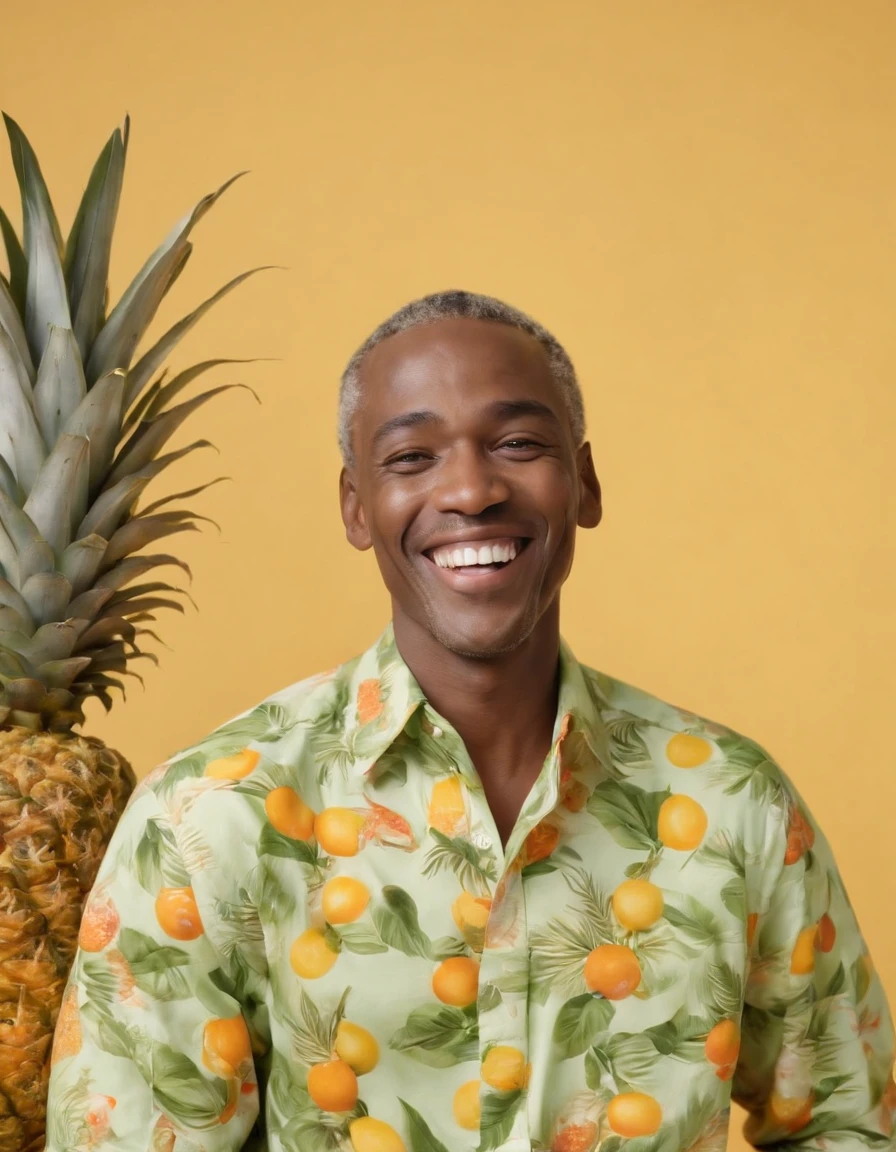 man laughing on yellow background with shirt of tropical fruit, in the style of mixed patterns, marbleized, animated gifs, harlem renaissance, naturalistic bird portraits, light green and orange