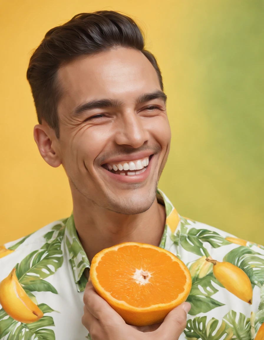 Smiling man holding an orange in front of his face - SeaArt AI
