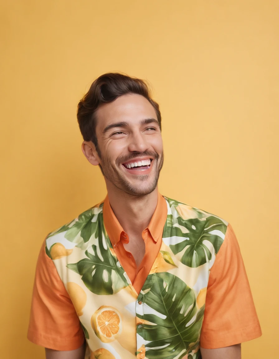 man laughing on yellow background with shirt of tropical fruit, in the style of mixed patterns, marbleized, animated gifs, harlem renaissance, naturalistic bird portraits, light green and orange
