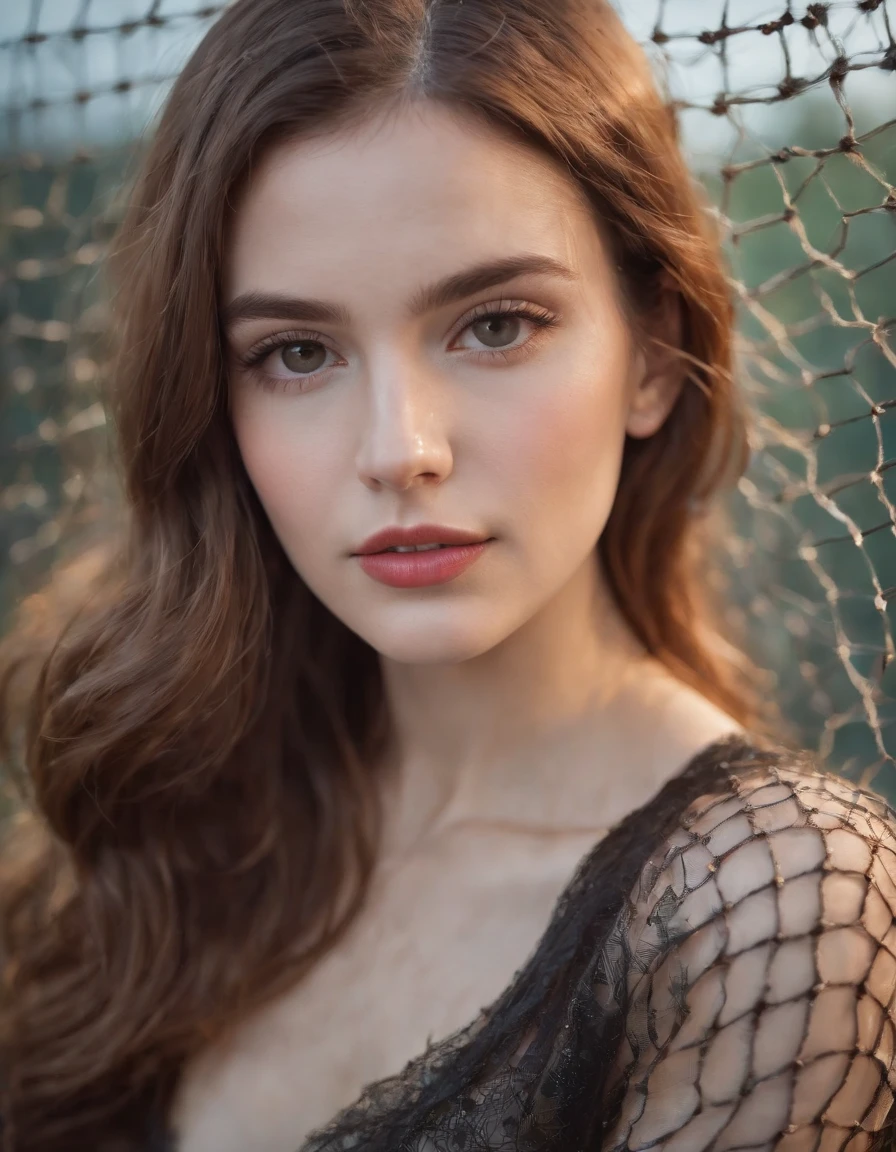 young woman sitting on a net wearing fashionable clothes, in the style of ultrafine detail, vibrant colors, high quality photo, close up, 75 mm f/8