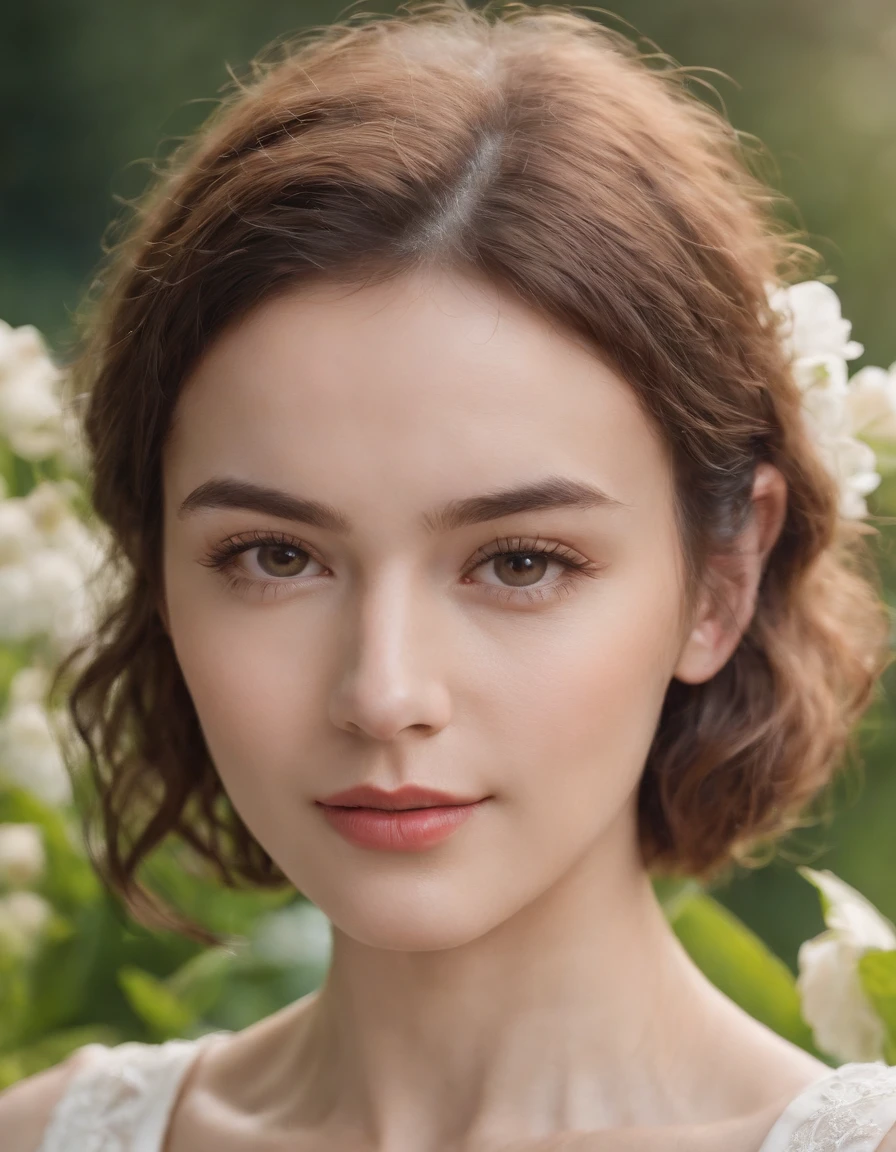 calm woman, short wavy hair, white dress, enjoying nature, surrounded by plants in the field, bokeh style, medium close-up on the head, natural light, front sun, high quality photo 、
