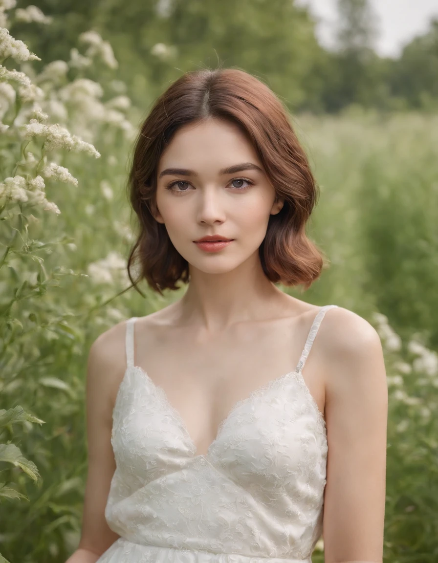 calm woman, short wavy hair, white dress, enjoying nature, surrounded by plants in the field, bokeh style, medium close-up on the head, natural light, front sun, high quality photo 、