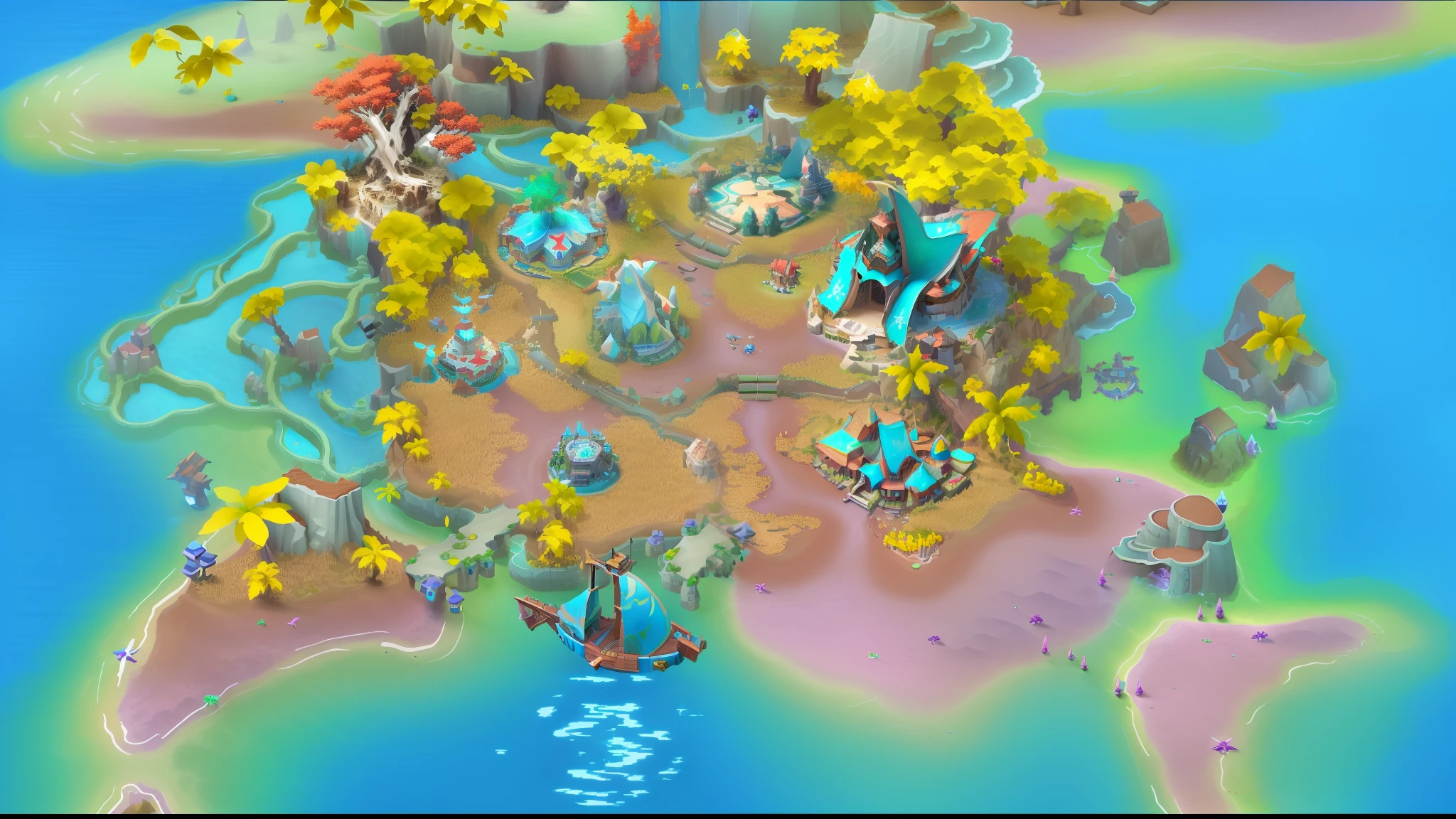 Close-up of world map with lots of trees, background aerial battle, game screenshot, Mobile game art, gameplay screenshot with ui, official screenshot, game screenshot, Game map, game screenshot, isometric 3d fantasy island, surreal alien kingdom, magical battlefield backround, gameplay still, colorful concept art, magical battlefield background