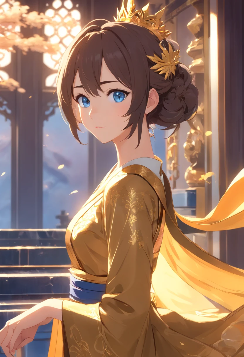 One in a gold dress、Alafed image of a blue-eyed woman,In CGstation,3D rendered figure art 8K,palatial palace,Hanfu girl,8K portrait rendering,Inspired by PwC,Inspired by the Blue Eagle,Popular on CGSTATION,Inspired by Wu Bin,Beautiful fantasy queen,cgociety 8k --ar 5:7