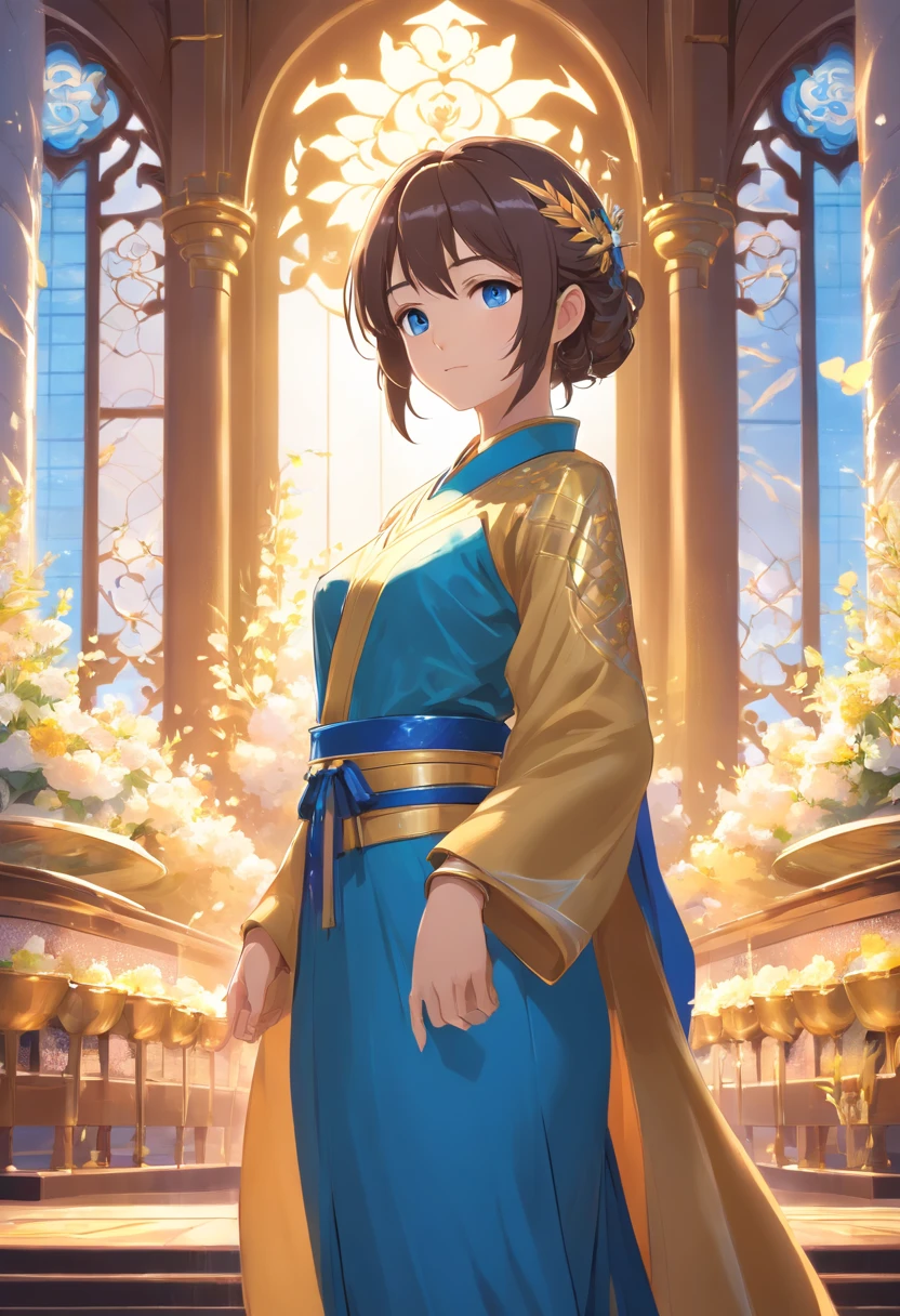 One in a gold dress、Alafed image of a blue-eyed woman，In CGstation，3D rendered figure art 8K，palatial palace，Hanfu girl，8K portrait rendering，Inspired by PwC，Inspired by the Blue Eagle，Popular on CGSTATION，Inspired by Wu Bin，Beautiful fantasy queen，cgociety 8k --ar 5:7