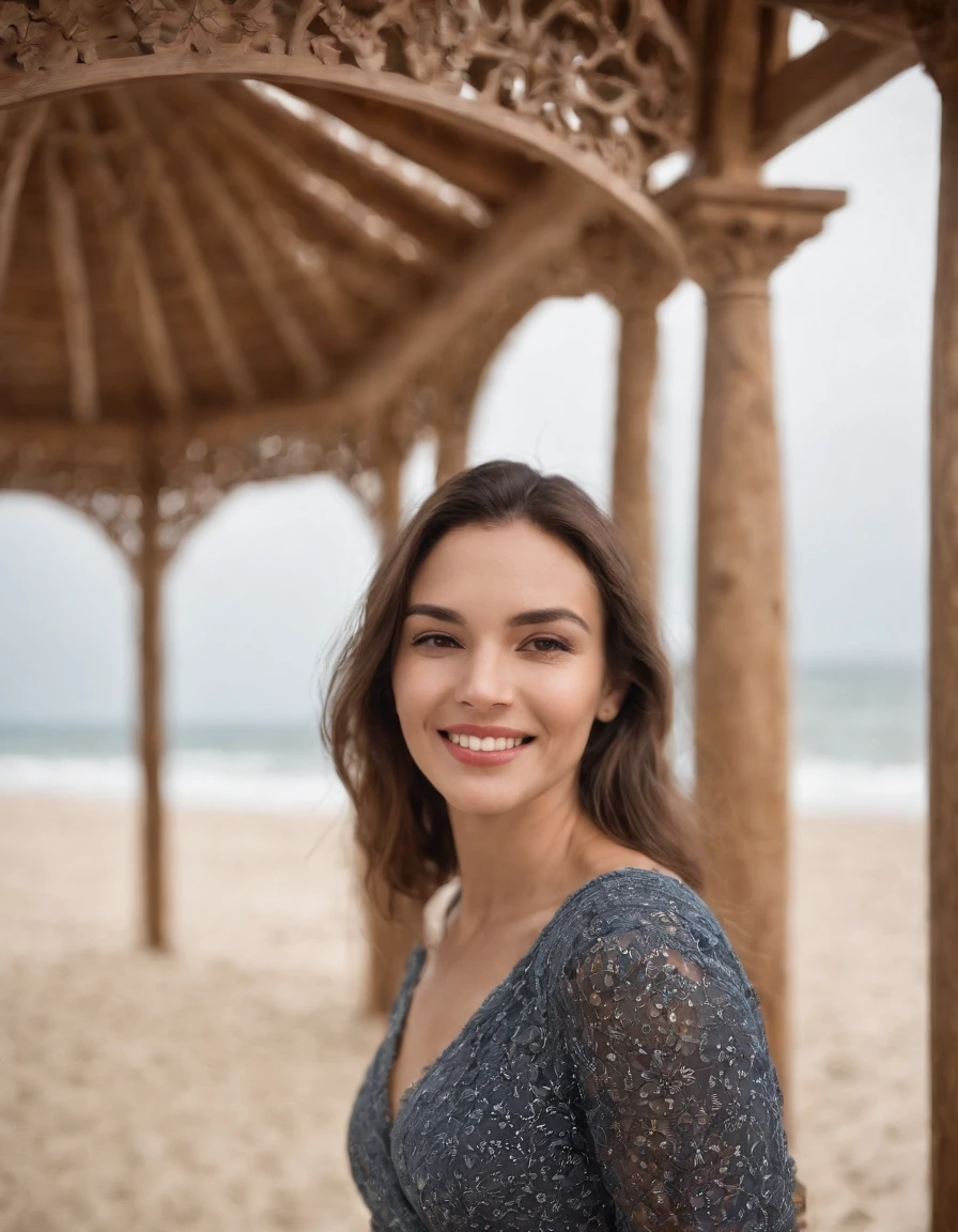 a woman smiling while standing under a gazebo on the beach, in the style of conceptual portraiture, multicultural, sigma 85mm f/1.4 dg hsm art, spanish school, stark honesty, wood, suspended/hanging