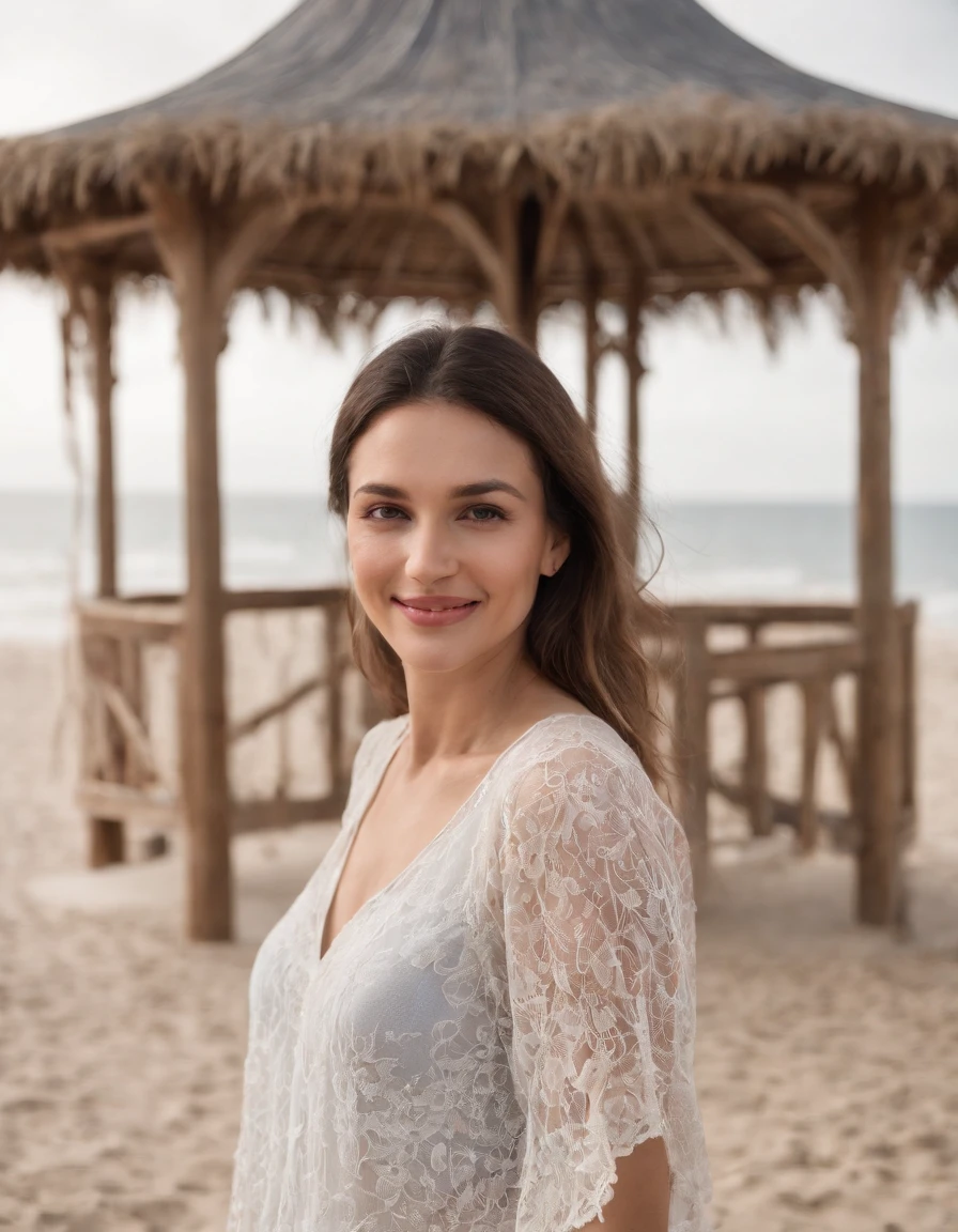 a woman smiling while standing under a gazebo on the beach, in the style of conceptual portraiture, multicultural, sigma 85mm f/1.4 dg hsm art, spanish school, stark honesty, wood, suspended/hanging