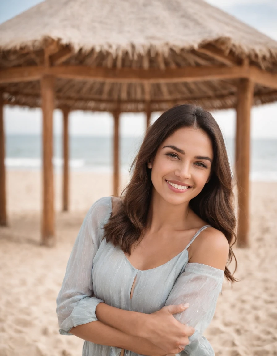 a woman smiling while standing under a gazebo on the beach, in the style of conceptual portraiture, multicultural, sigma 85mm f/1.4 dg hsm art, spanish school, stark honesty, wood, suspended/hanging