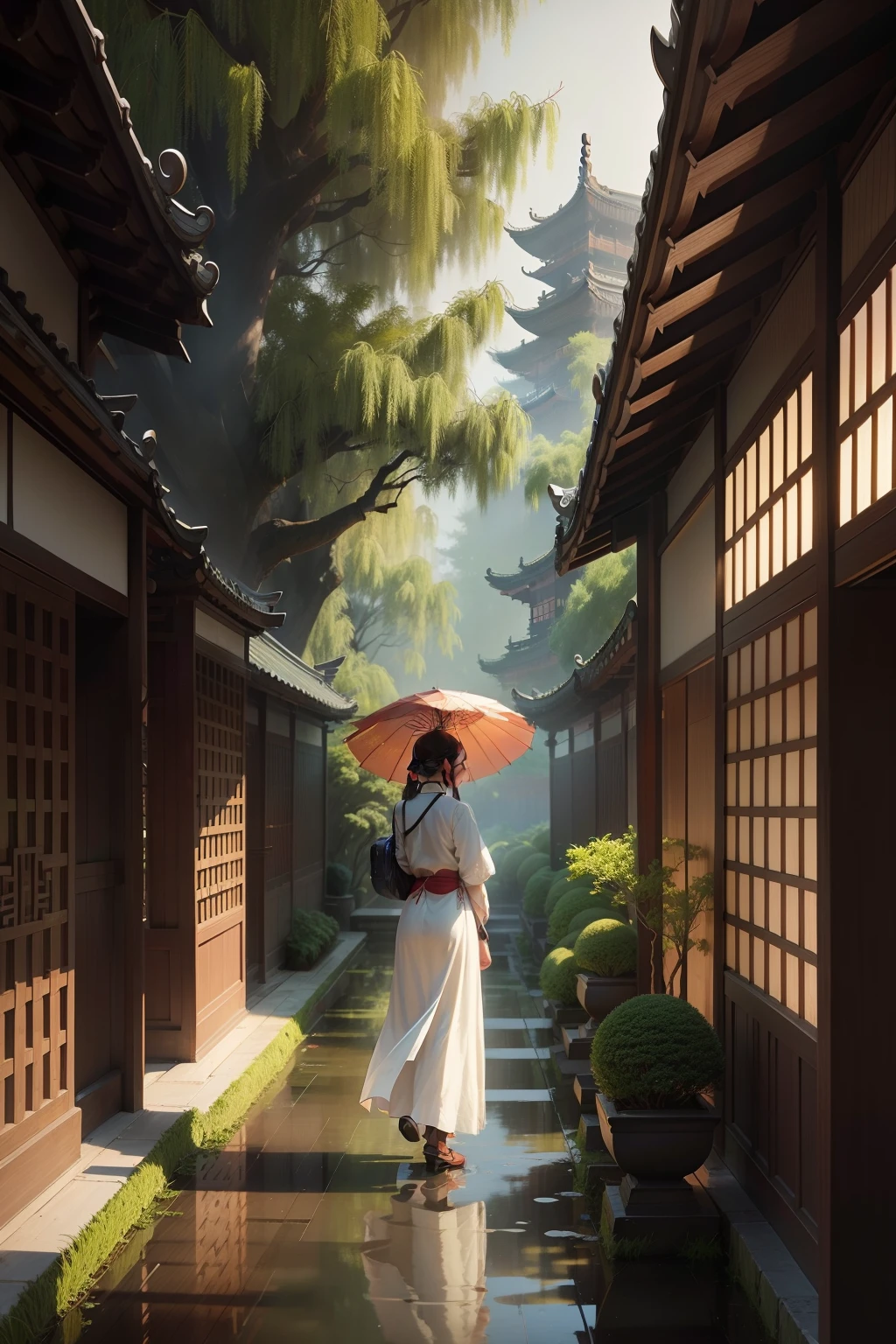 24 solar terms, During the Qingming season, it rained lightly, and pedestrians all took umbrellas to pay homage to their ancestors, there was a big willow tree, Chinese sketching style, weather, Hunan,Rich in shades,detail-rich